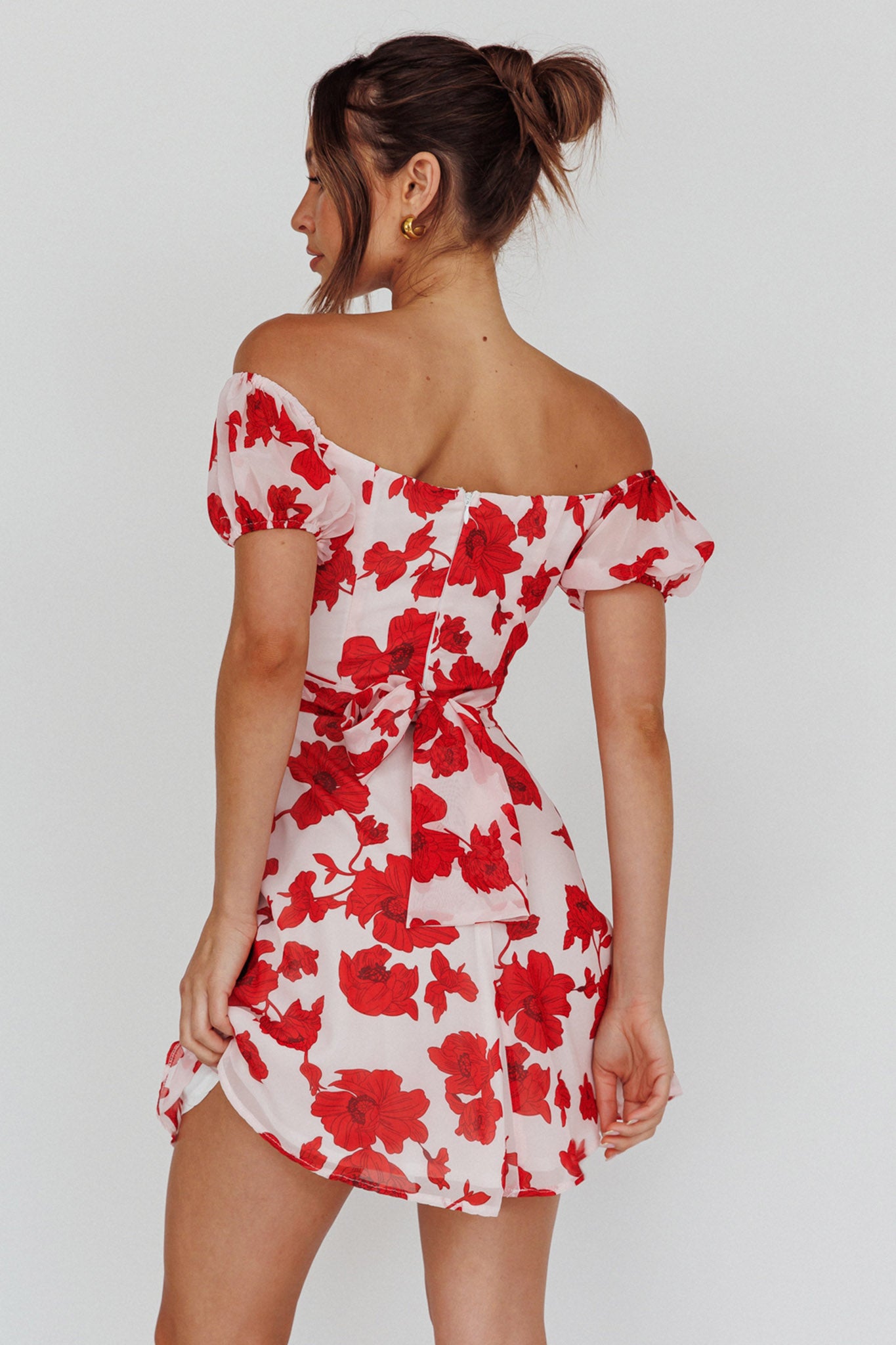 Linka Puff Sleeve Waist Tie Dress Floral Red by Selfie Leslie