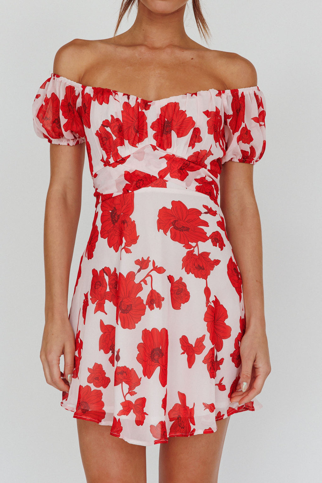 Linka Puff Sleeve Waist Tie Dress Floral Red by Selfie Leslie