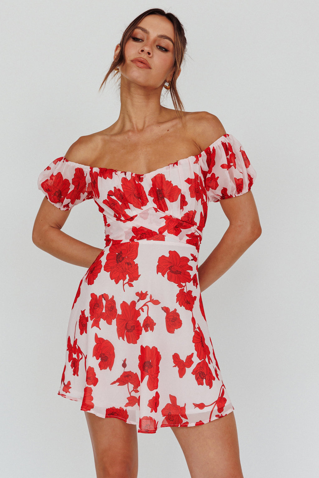 Linka Puff Sleeve Waist Tie Dress Floral Red by Selfie Leslie