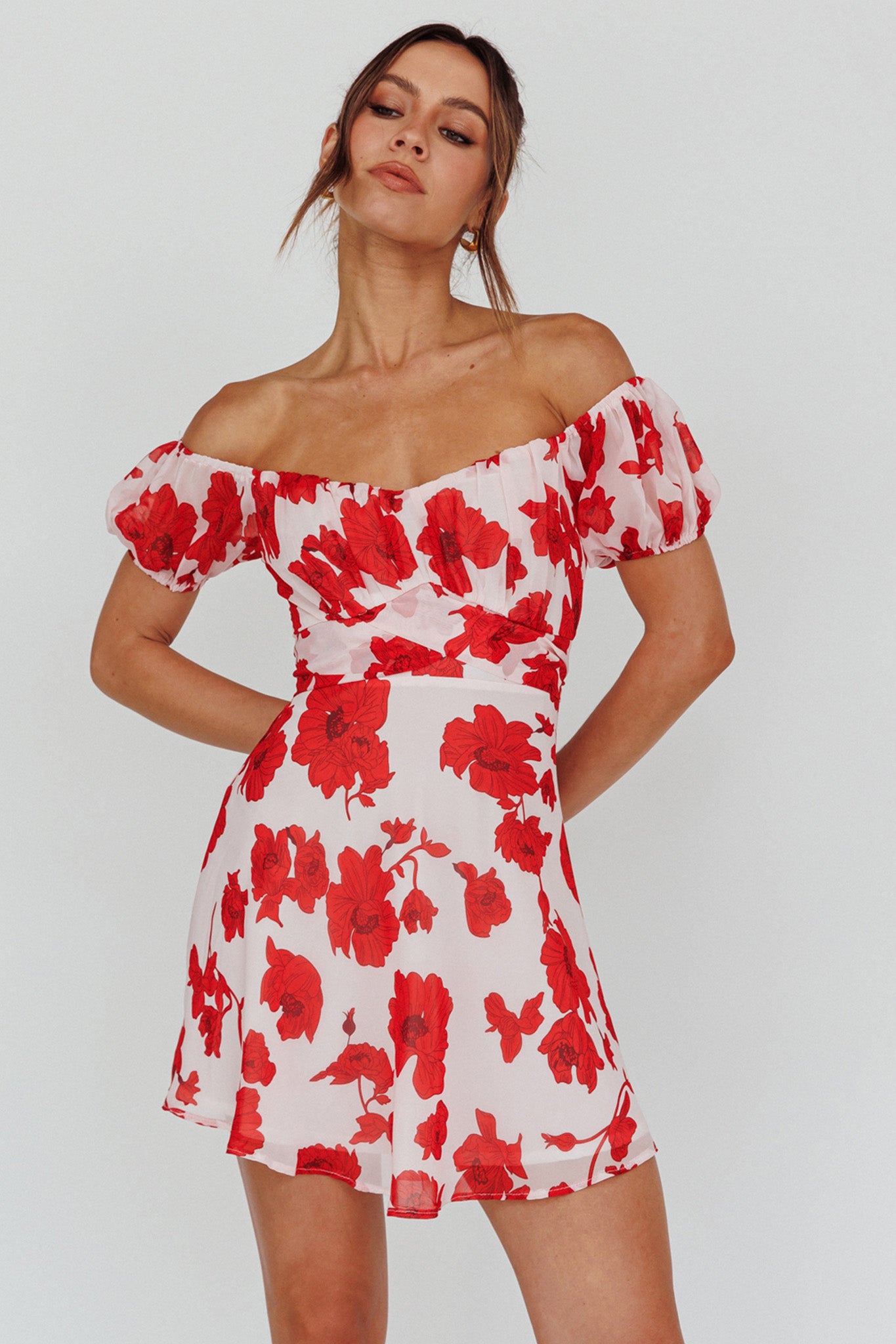 Linka Puff Sleeve Waist Tie Dress Floral Red by Selfie Leslie