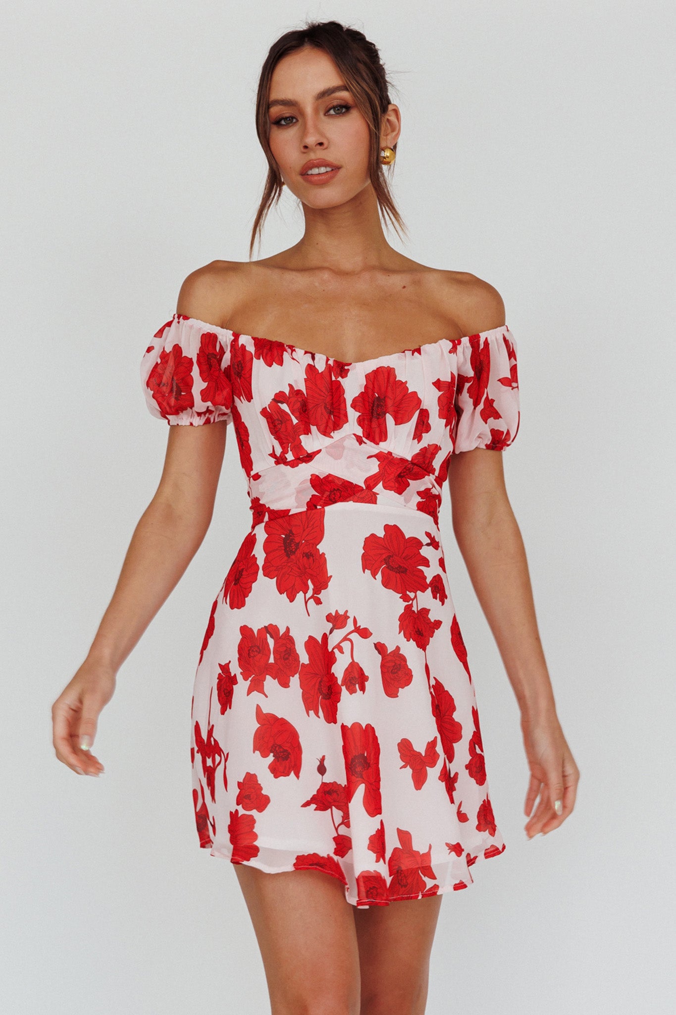 Linka Puff Sleeve Waist Tie Dress Floral Red by Selfie Leslie