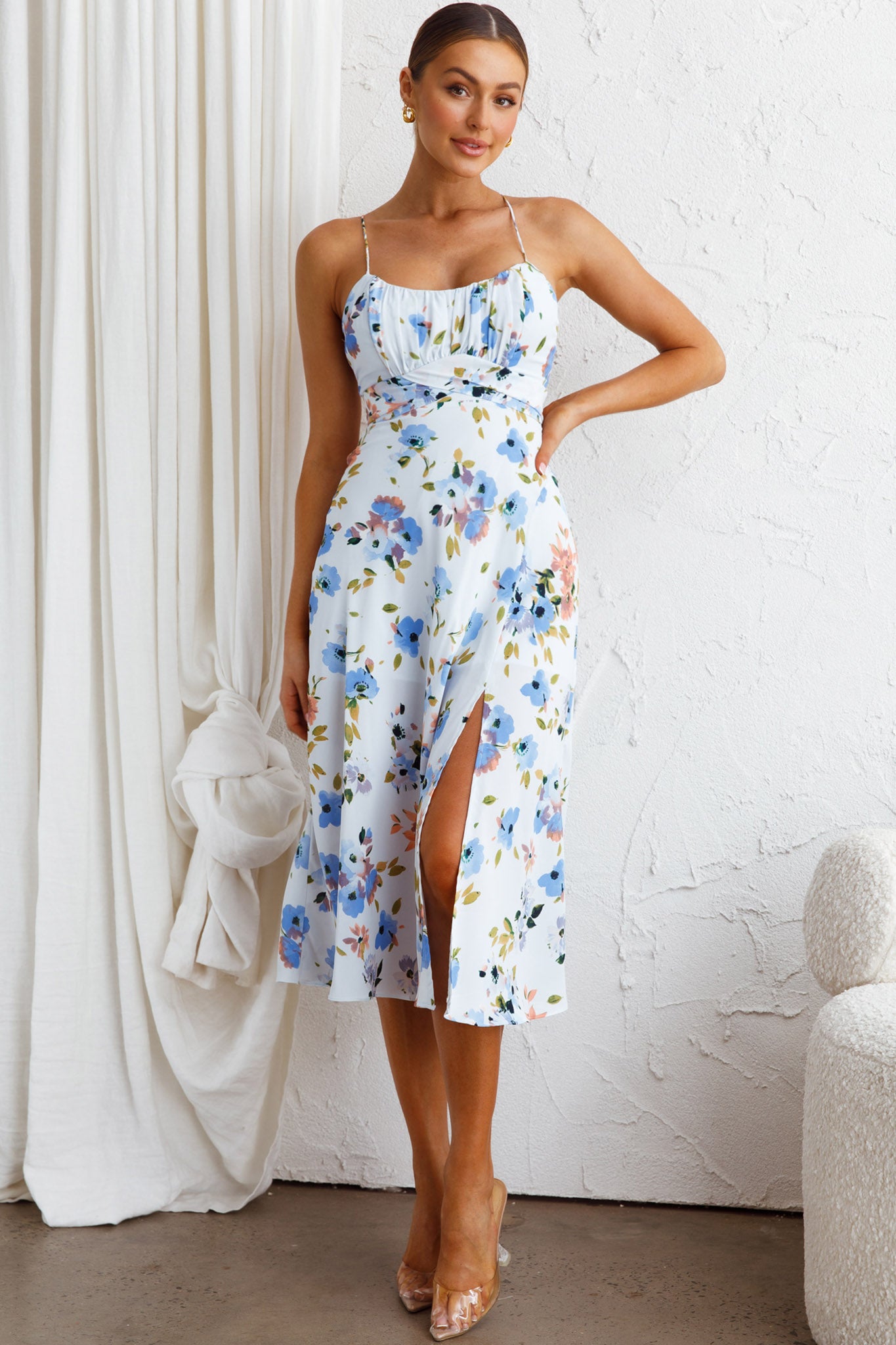 Linka Cami Strap Split Midi Dress Floral Blue by Selfie Leslie