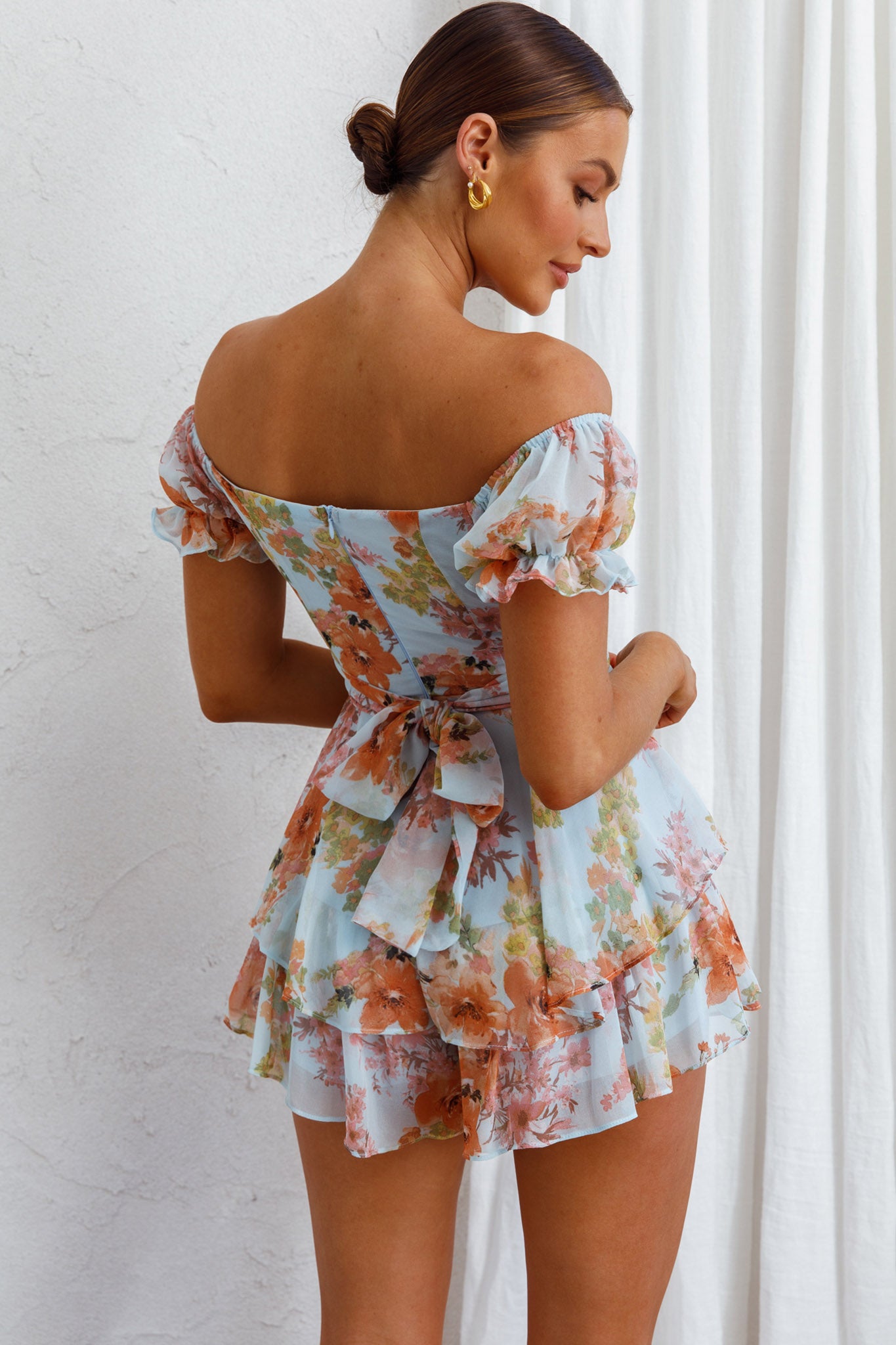 Linka Off-Shoulder Tie Back Romper Floral Blue by Selfie Leslie