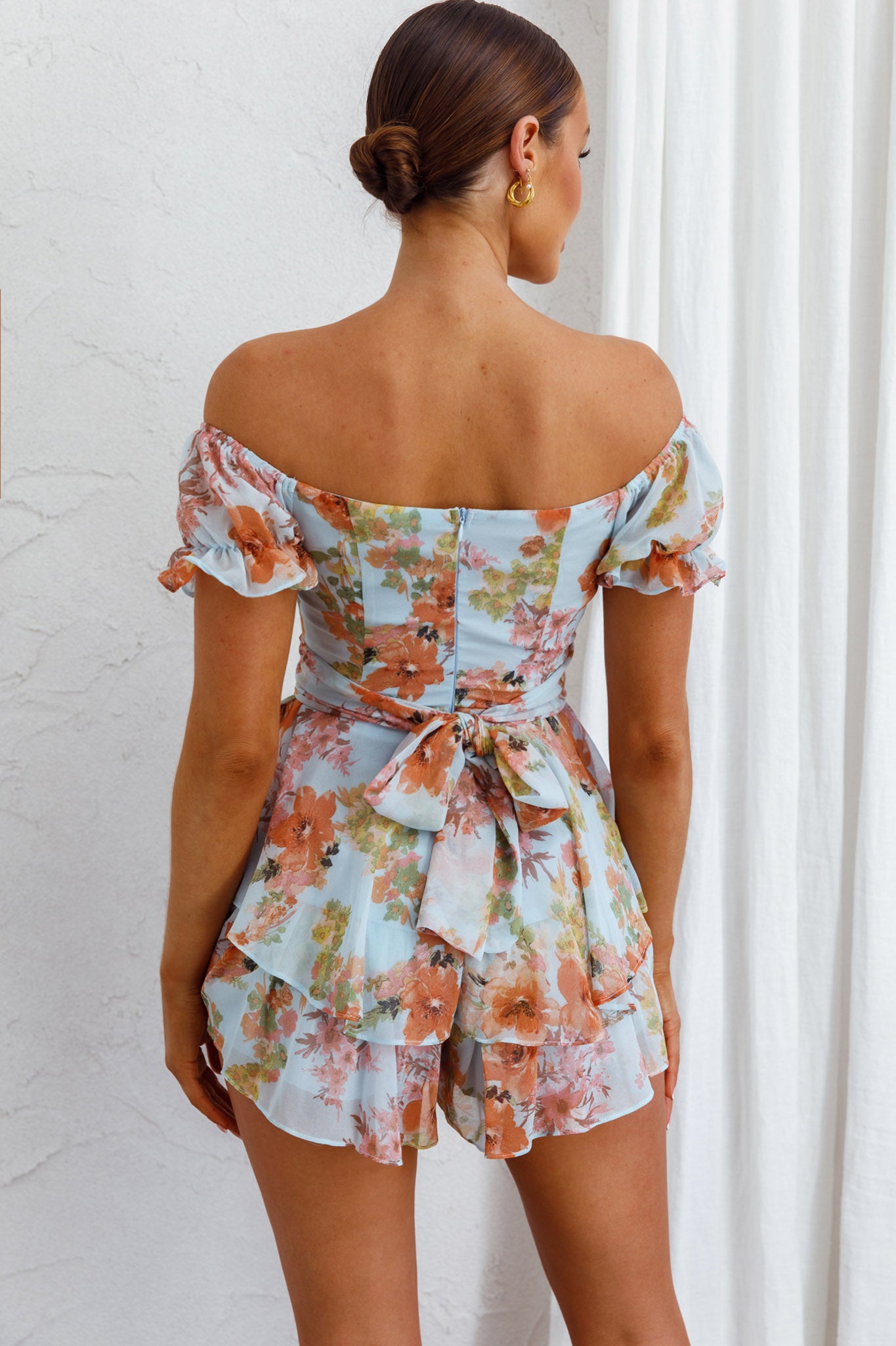 Linka Off-Shoulder Tie Back Romper Floral Blue by Selfie Leslie