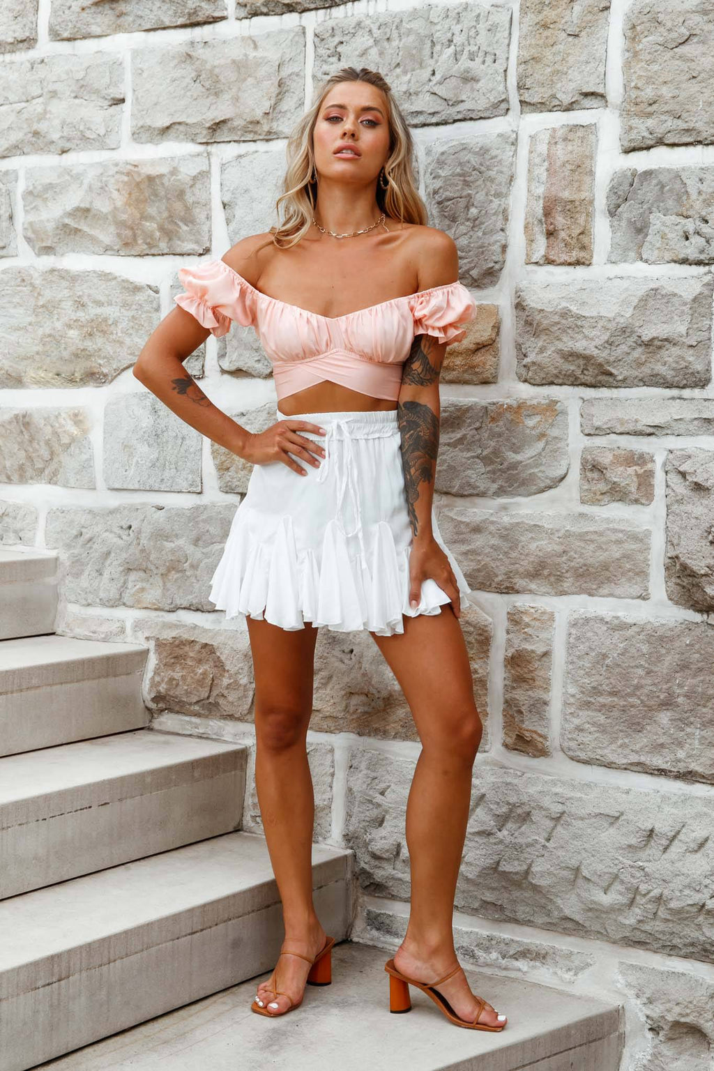 Linka Off-Shoulder Tie-Back Crop Top Peach by Selfie Leslie