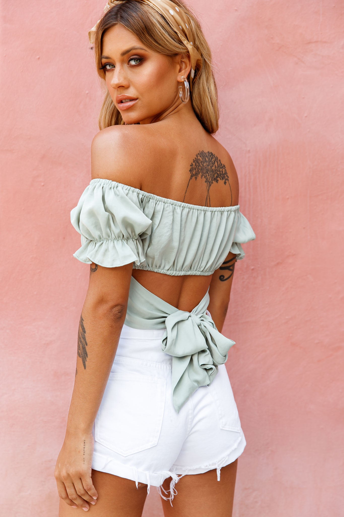 Linka Off-Shoulder Tie-Back Crop Top Pistachio by Selfie Leslie