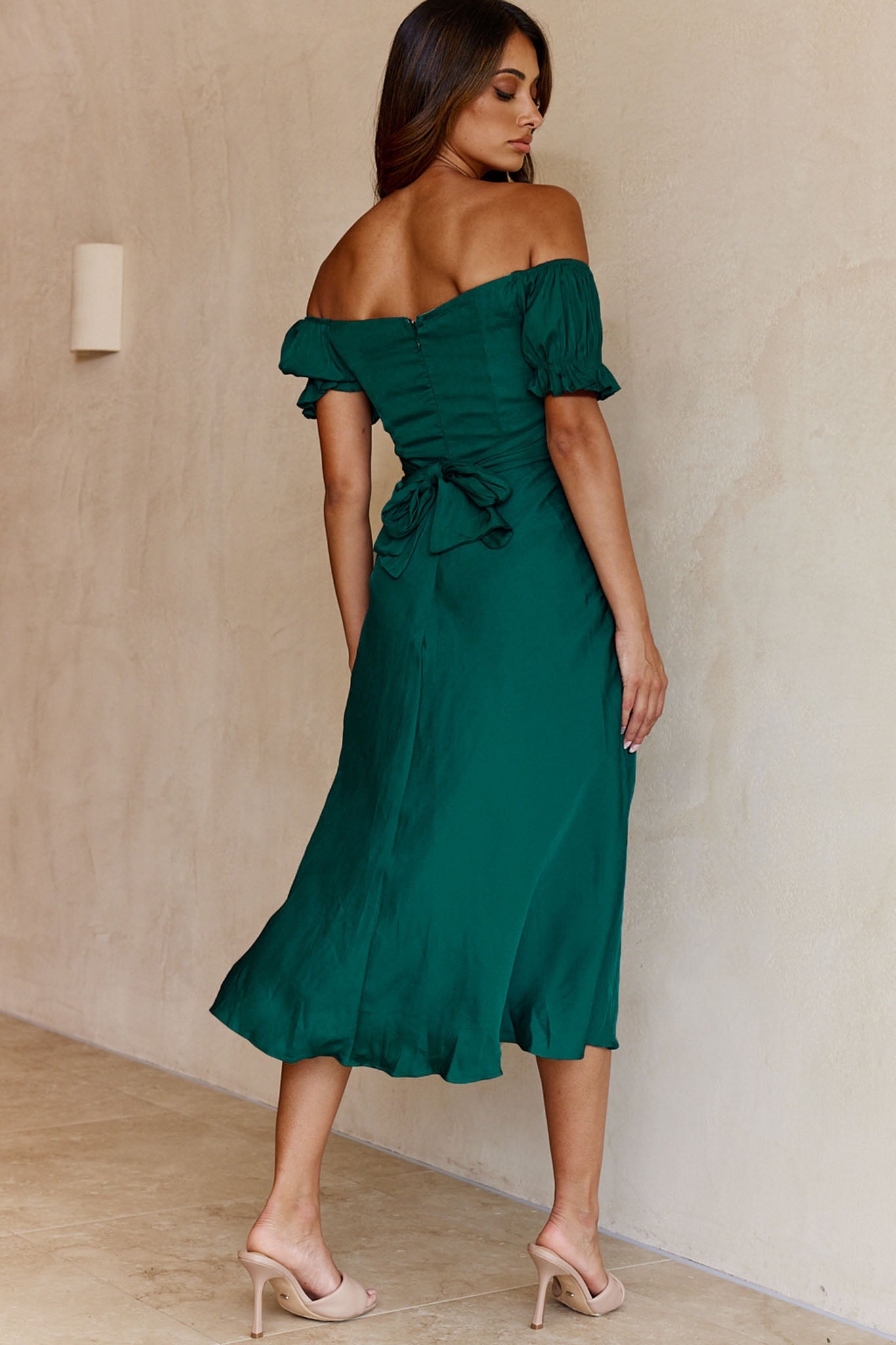 Linka Off-Shoulder Tie Back Midi Dress Forest Green by Selfie Leslie