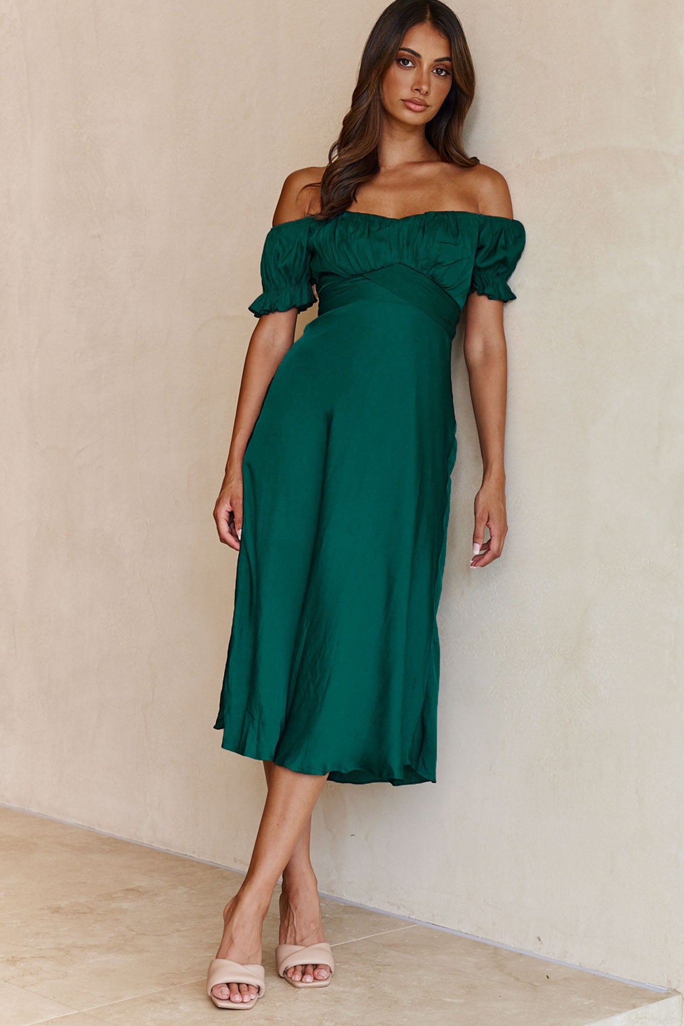 Linka Off-Shoulder Tie Back Midi Dress Forest Green by Selfie Leslie