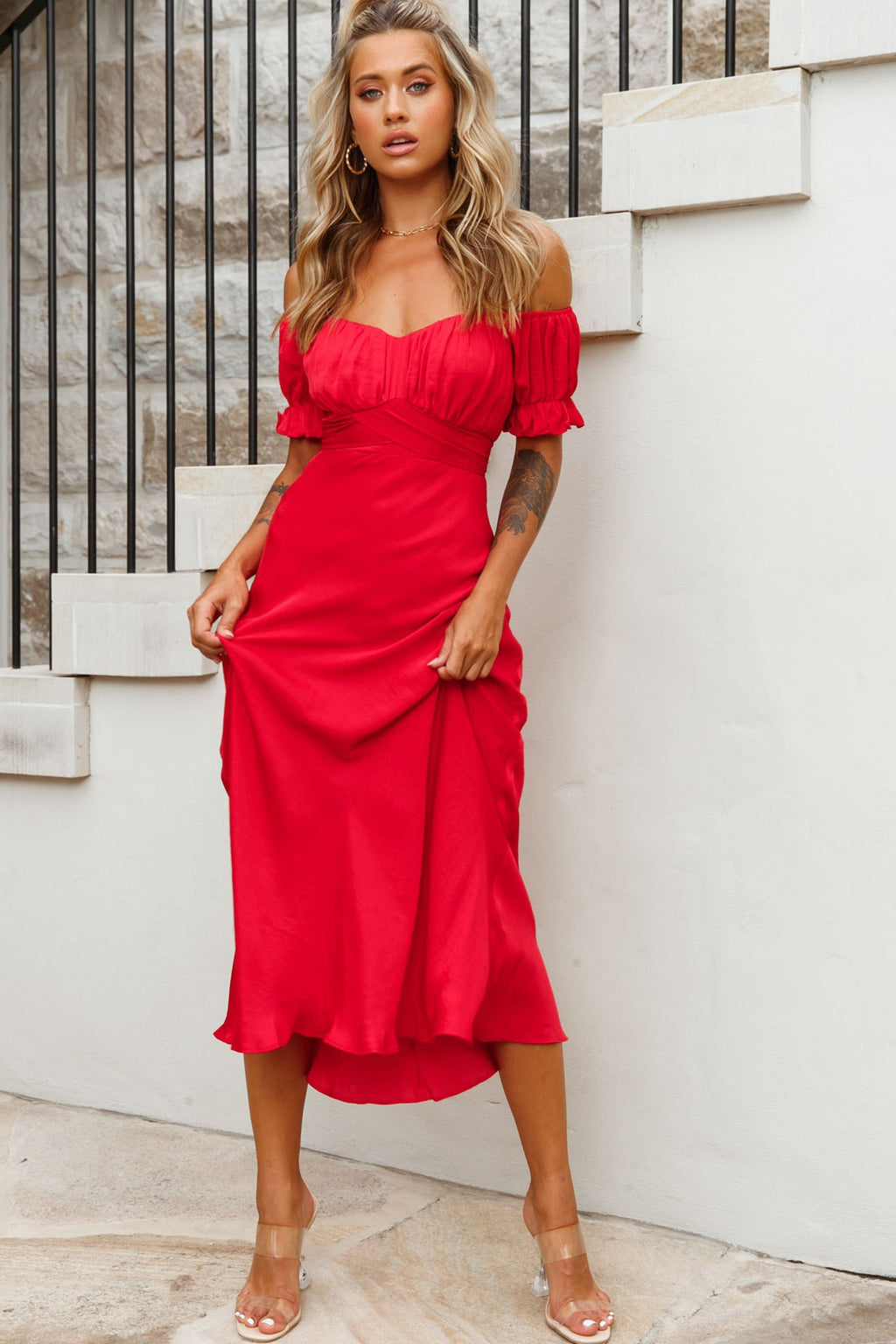 Linka Off-Shoulder Tie Back Midi Dress Red by Selfie Leslie