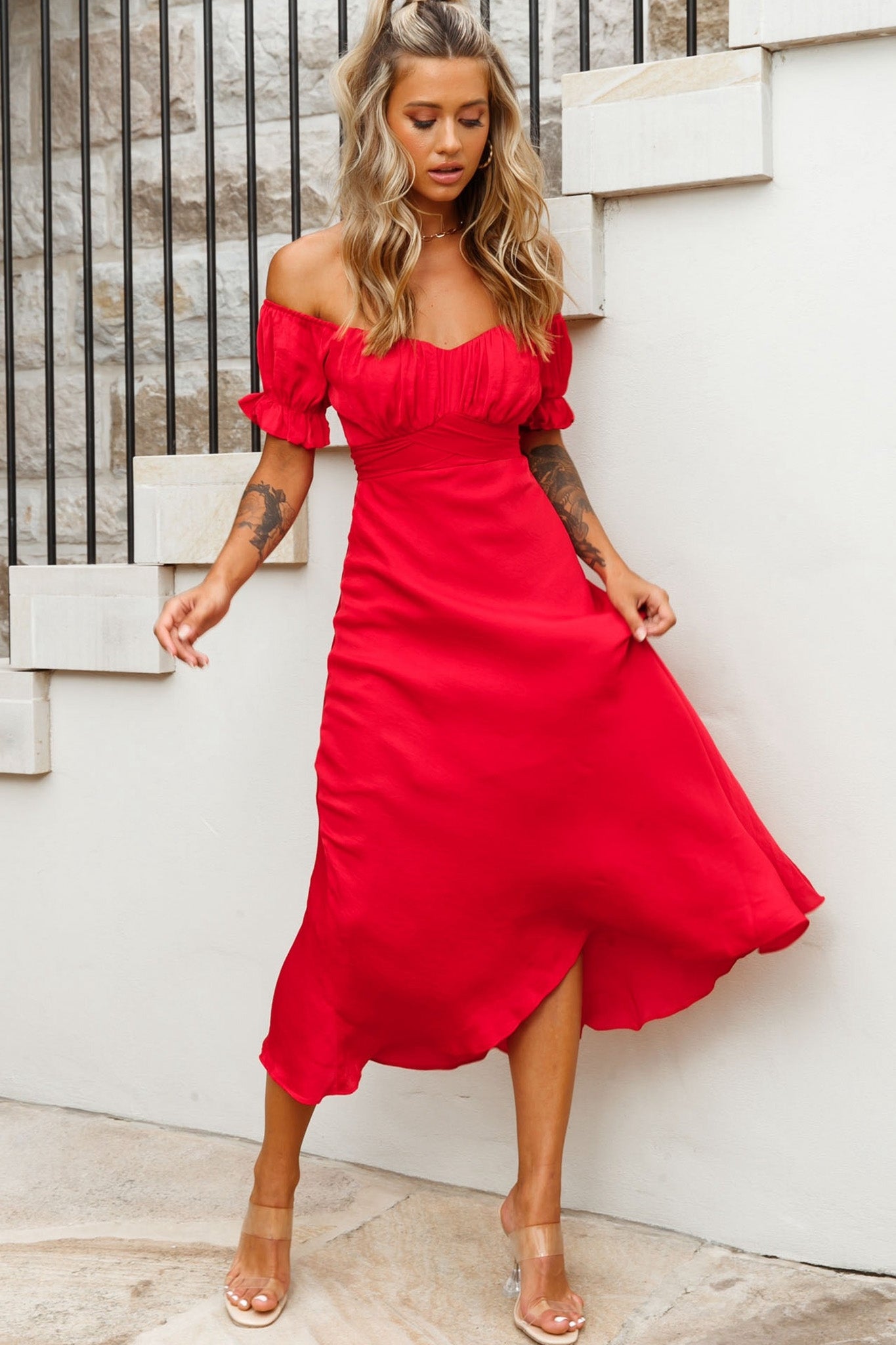 Linka Off-Shoulder Tie Back Midi Dress Red Linka Off-Shoulder Tie Back Midi Dress Red