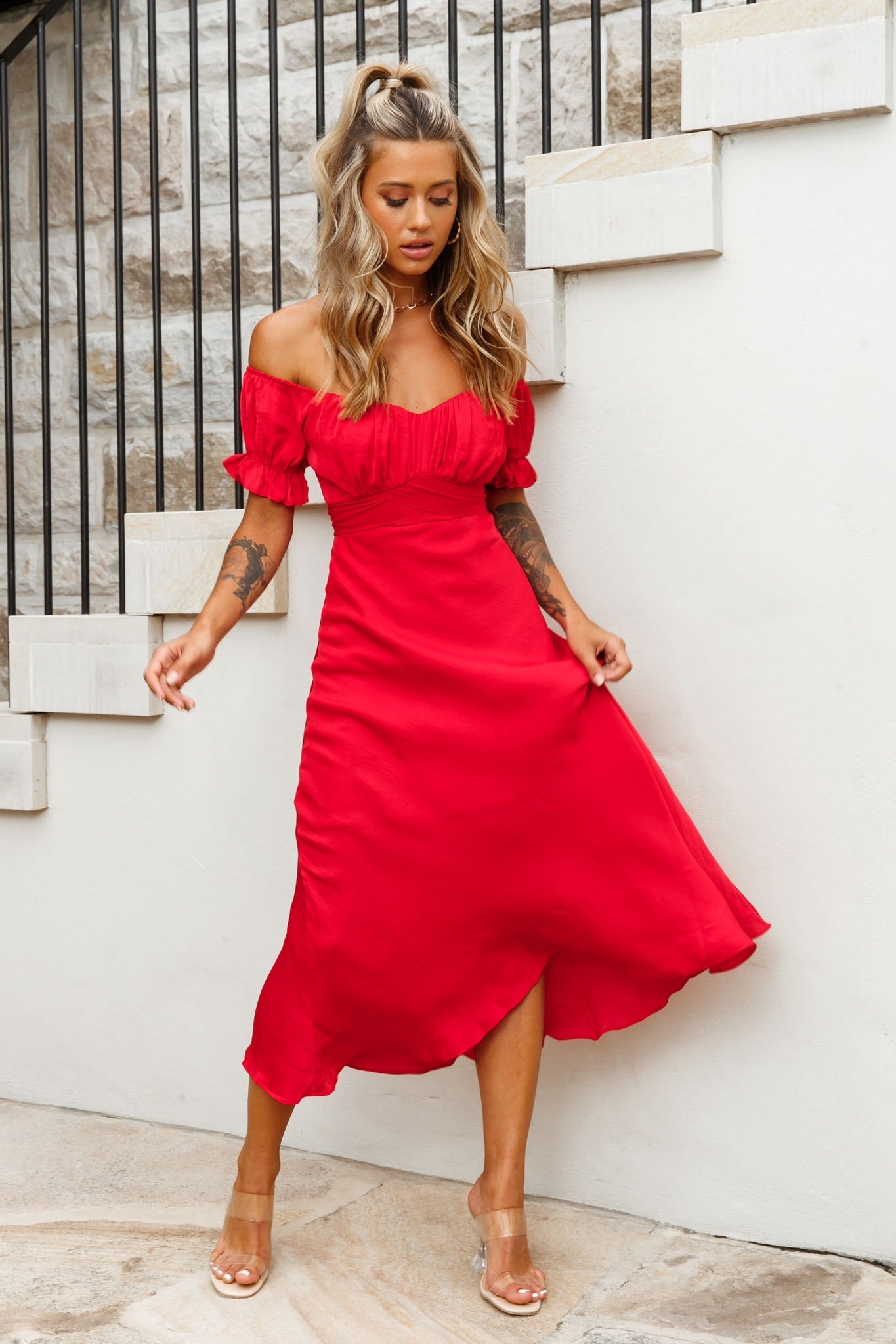 Linka Off-Shoulder Tie Back Midi Dress Red by Selfie Leslie