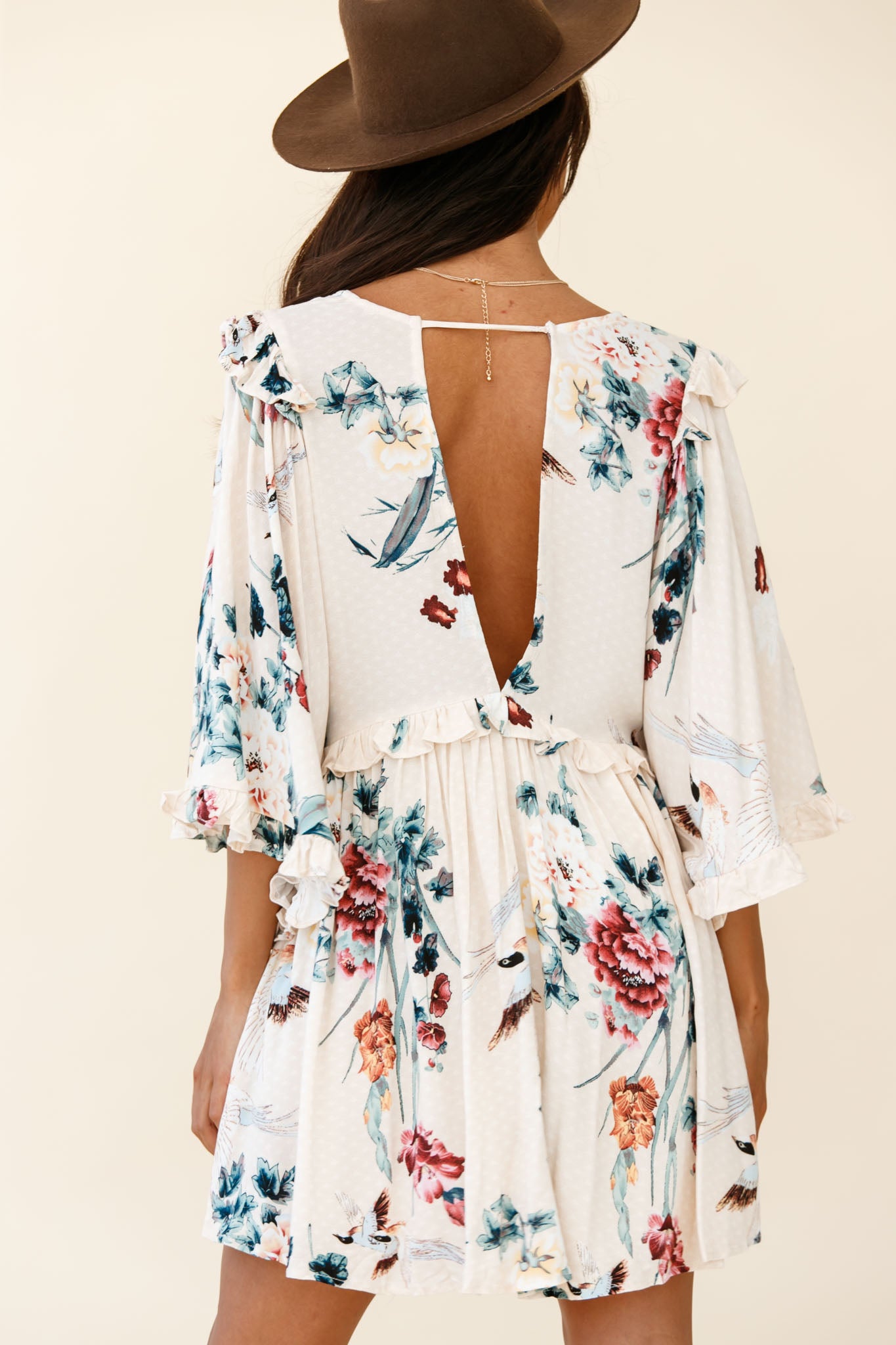 Lynette Loose Fit Angel Sleeve Dress Botanic Print Nude by Selfie Leslie