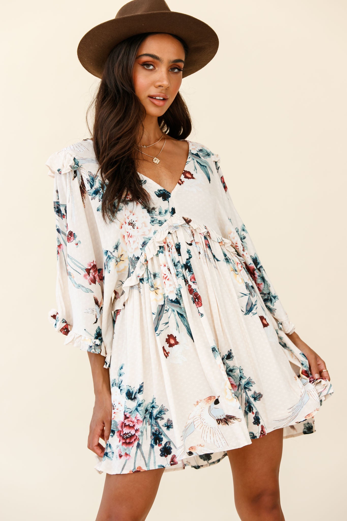 Lynette Loose Fit Angel Sleeve Dress Botanic Print Nude by Selfie Leslie