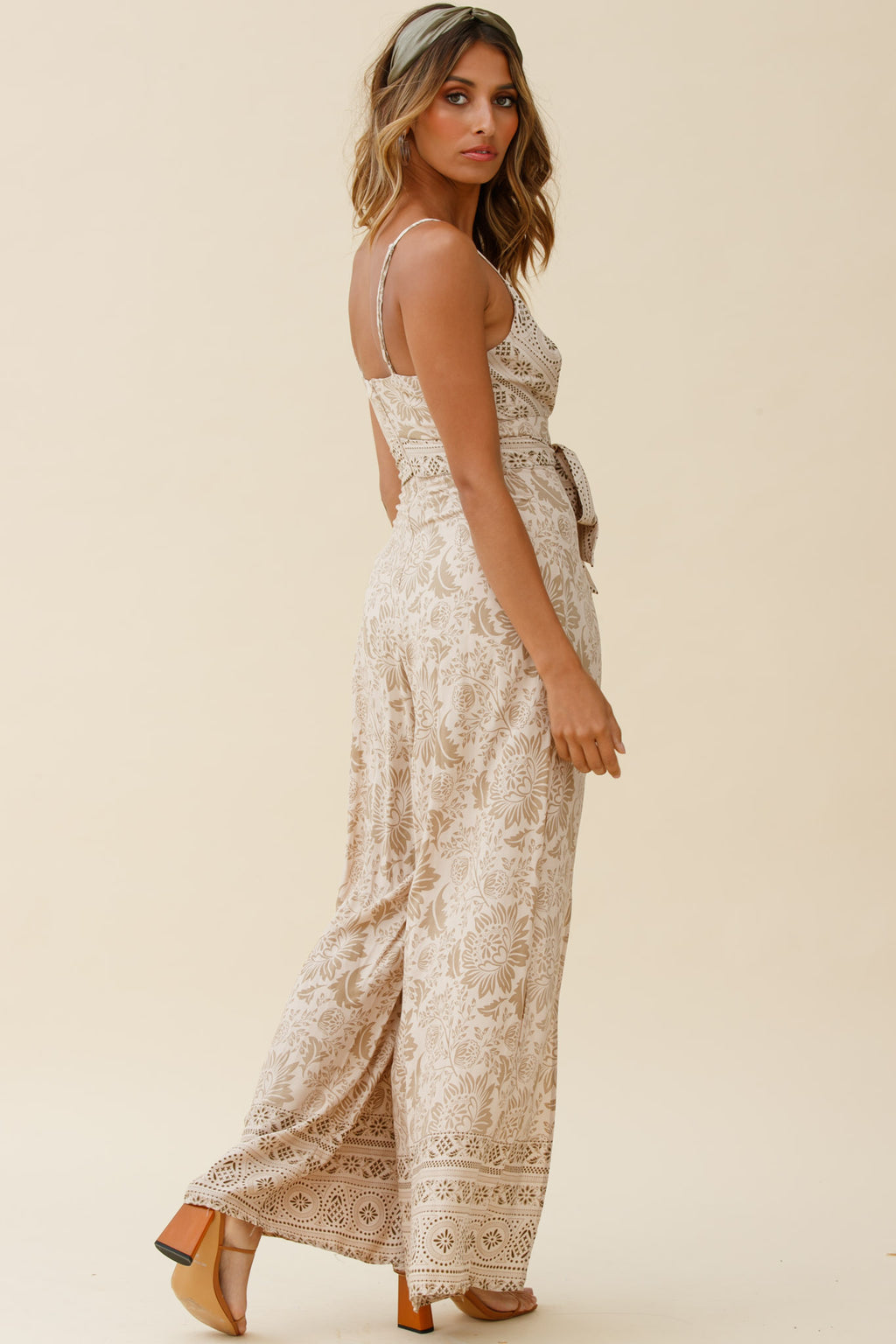 Taylor V-Neck Split Wide Leg Jumpsuit Stencil Print Mocha by Selfie Leslie