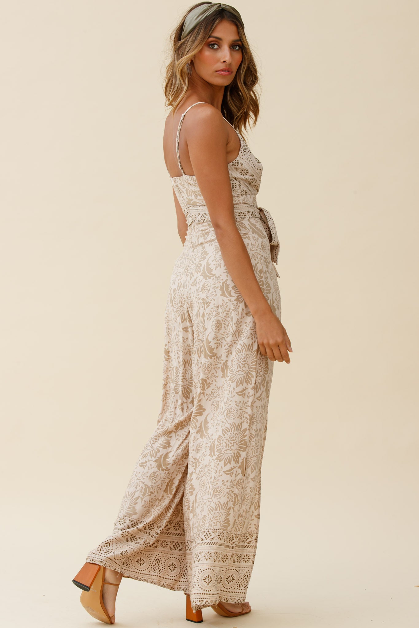 Taylor V-Neck Split Wide Leg Jumpsuit Stencil Print Mocha by Selfie Leslie