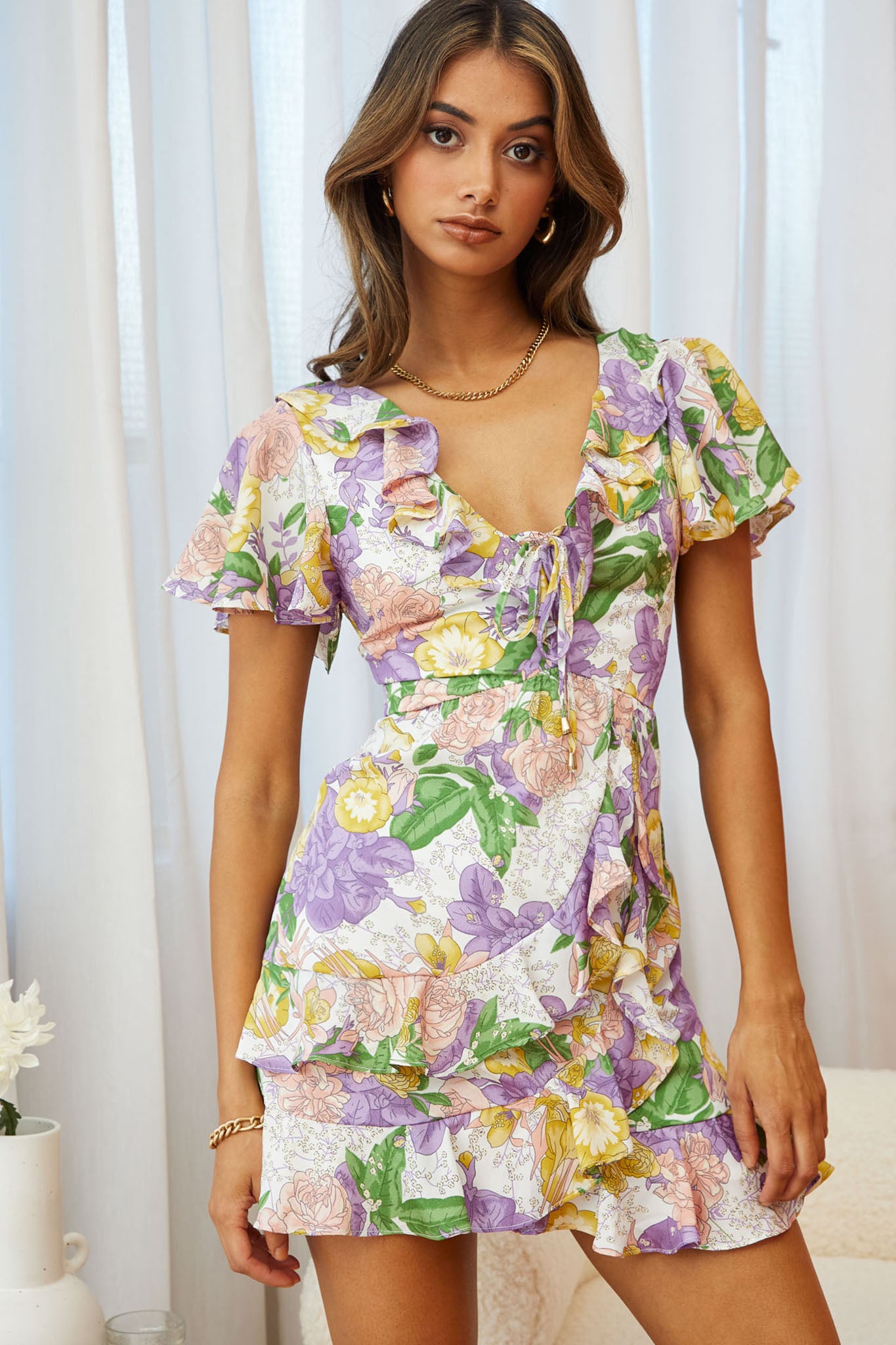 Kalina Ruffle Neckline Flutter Sleeve Mini Dress Floral Print Purple by Selfie Leslie