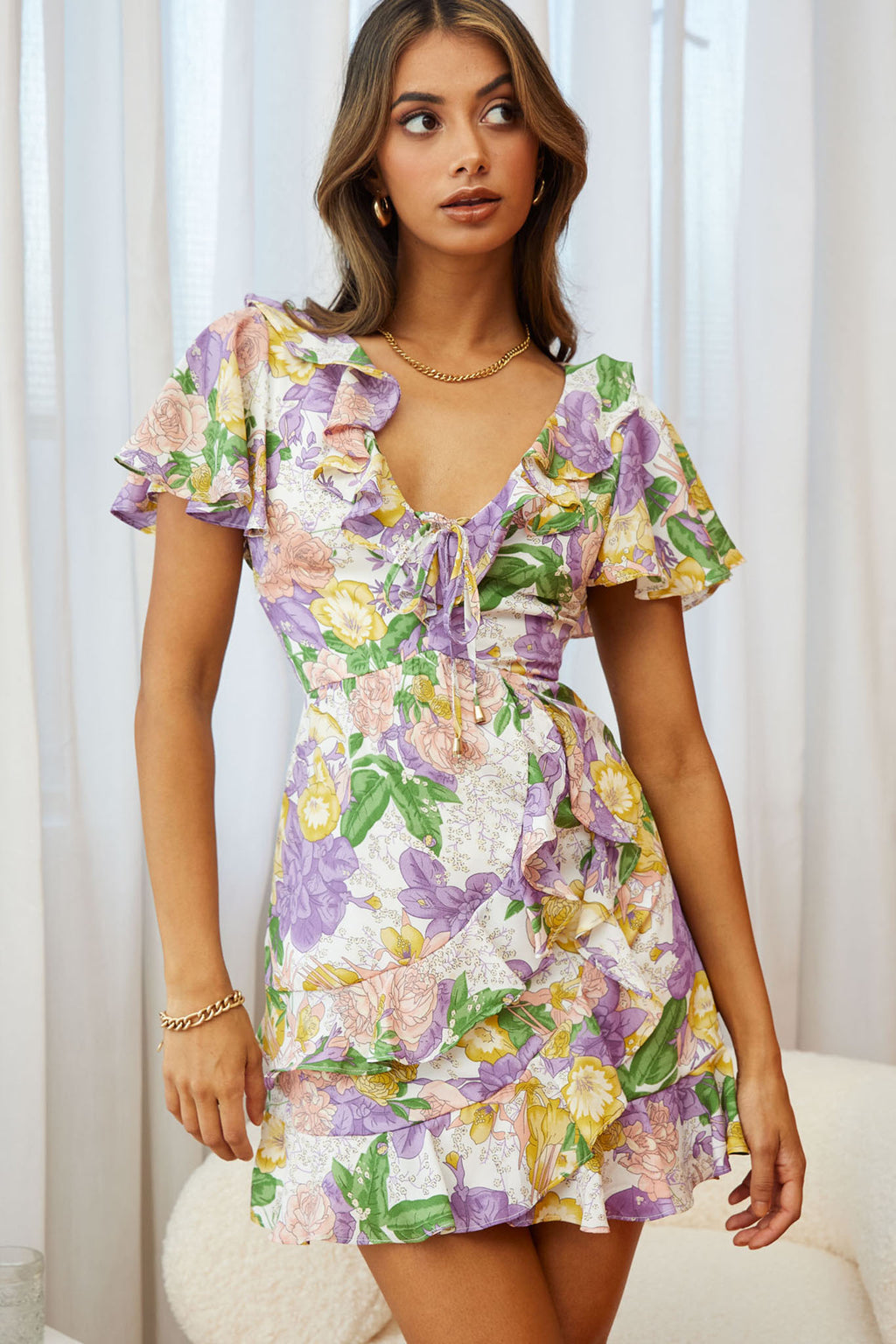 Kalina Ruffle Neckline Flutter Sleeve Mini Dress Floral Print Purple by Selfie Leslie