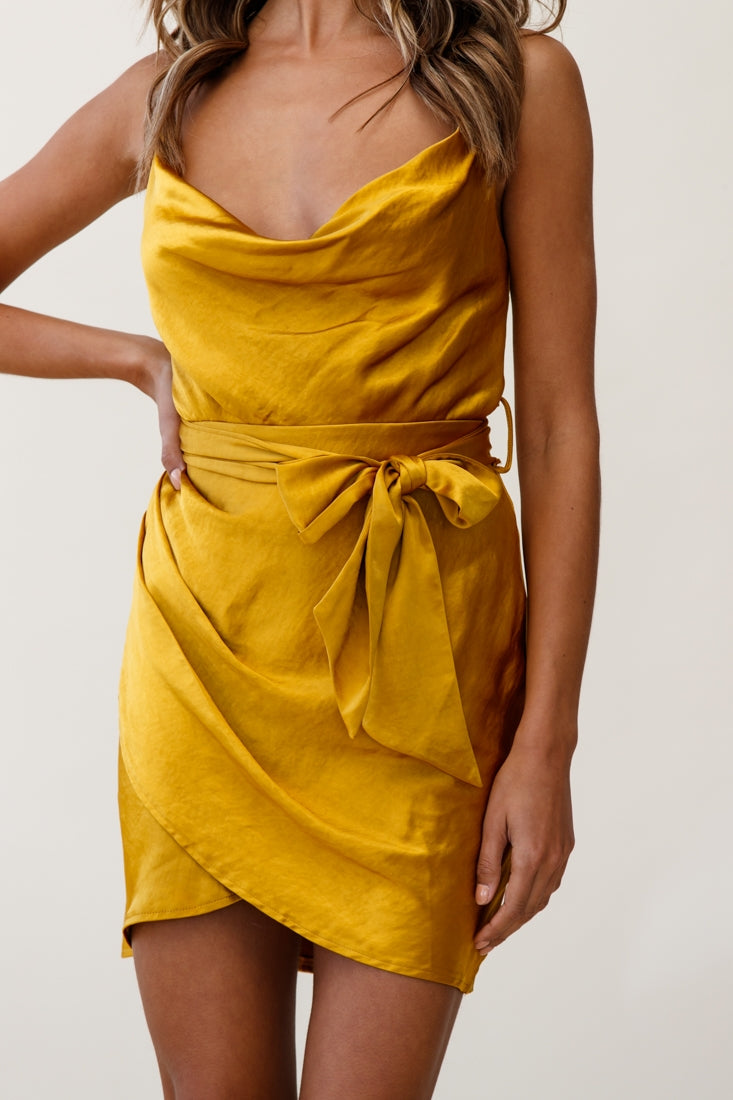 Bebe Satin Cowl Neck Wrap Dress Mustard by Selfie Leslie
