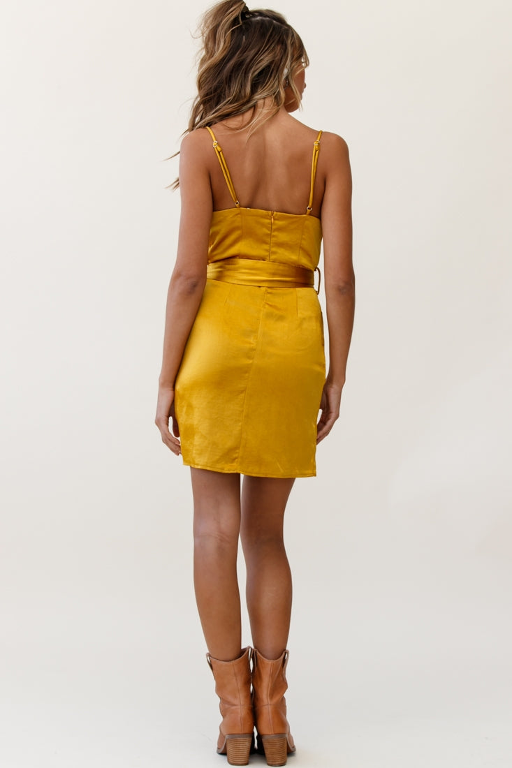 Bebe Satin Cowl Neck Wrap Dress Mustard by Selfie Leslie