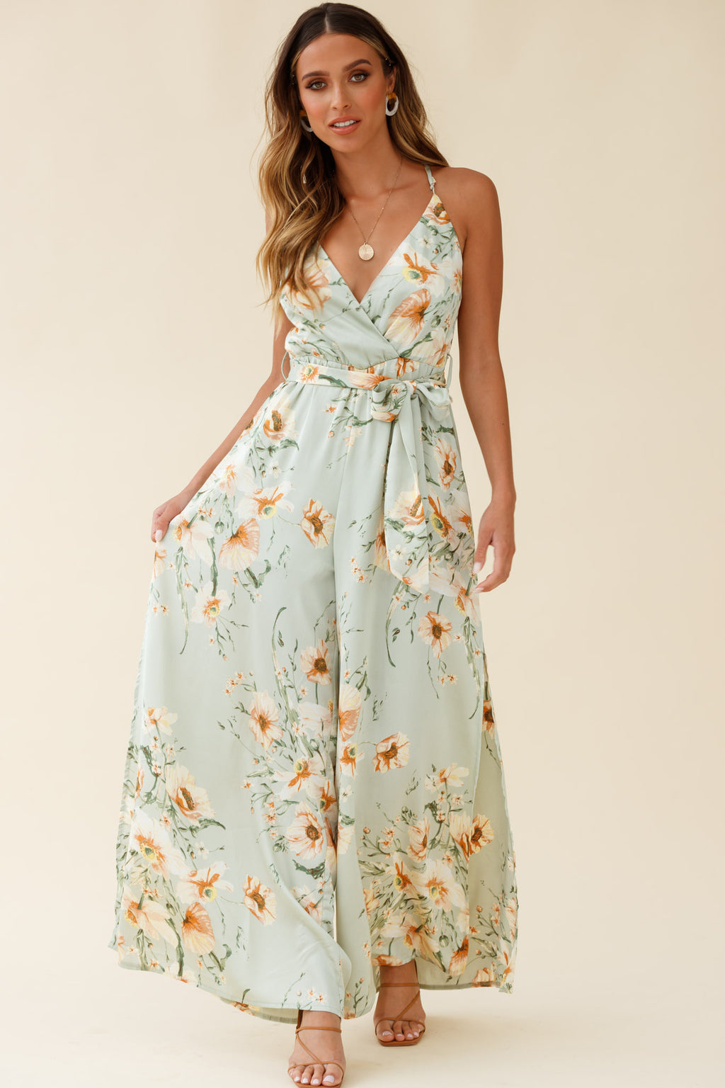 Miso Wide-Leg Cami Jumpsuit Poppy Print Pistachio by Selfie Leslie