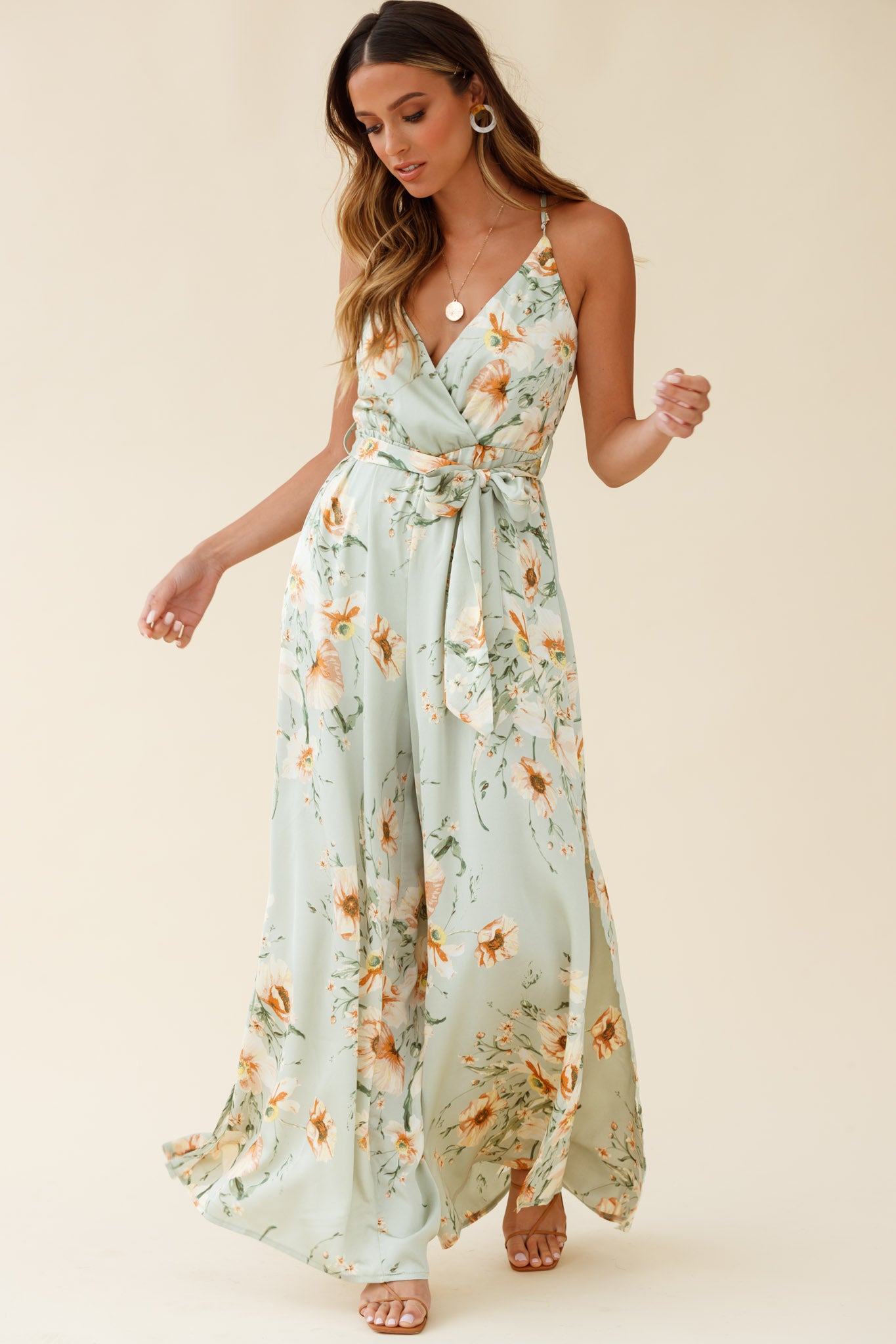 Miso Wide-Leg Cami Jumpsuit Poppy Print Pistachio by Selfie Leslie
