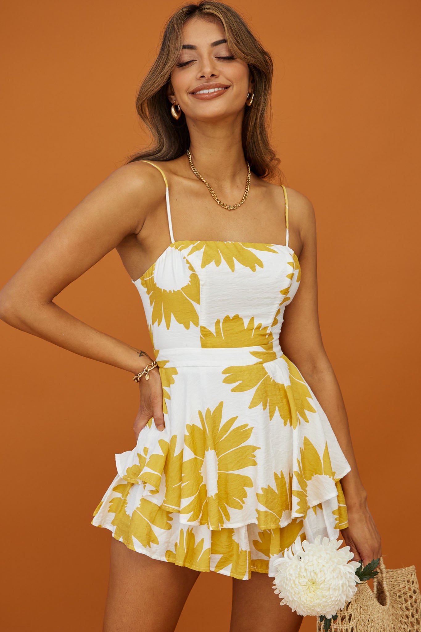 Alexandria Square Neckline Tie Back Romper Large Sunflower Print Yellow by Selfie Leslie