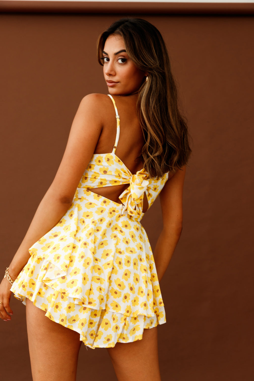 Alexandria Square Neckline Tie Back Romper Sunflower Print Yellow by Selfie Leslie