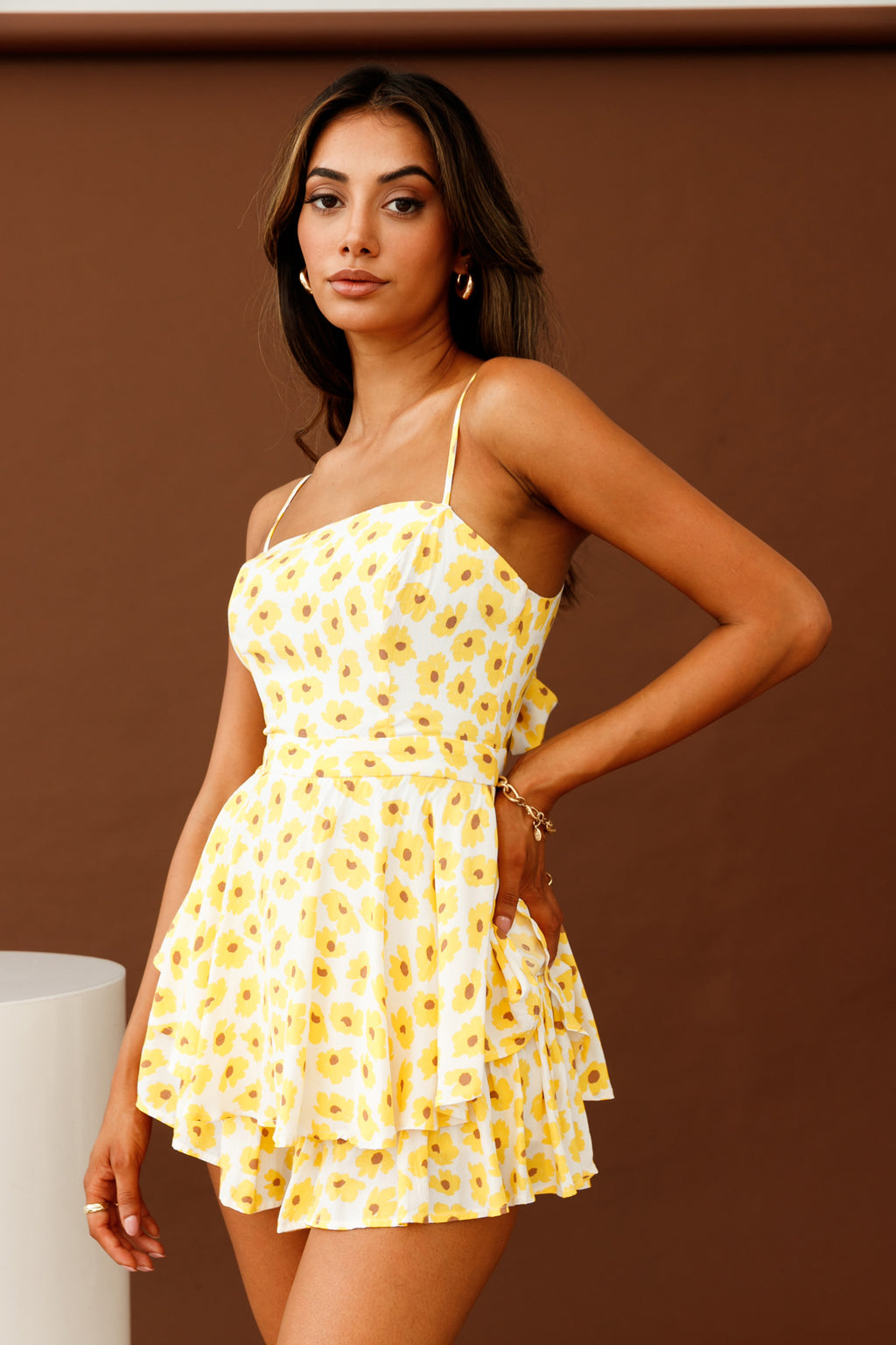 Alexandria Square Neckline Tie Back Romper Sunflower Print Yellow by Selfie Leslie