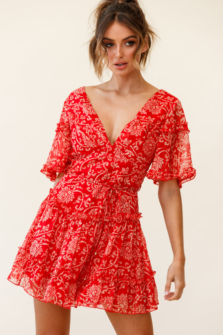 Psalm Angel Sleeve Frill Dress Floral Stencil Print Red by Selfie Leslie
