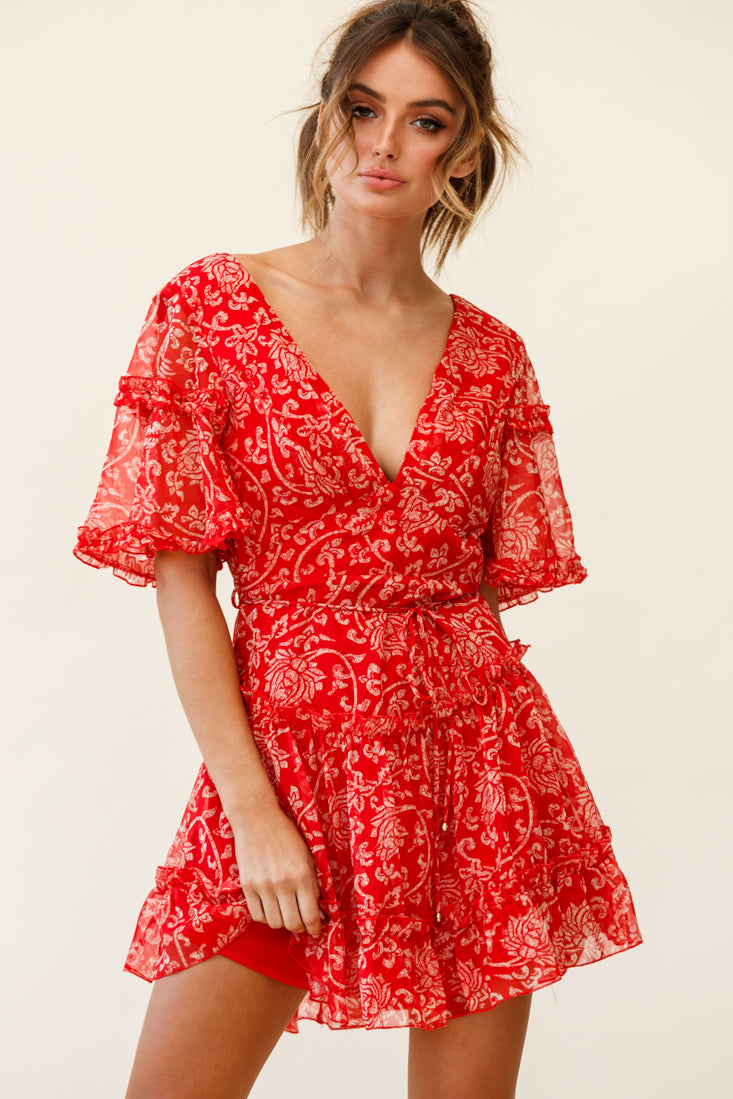 Psalm Angel Sleeve Frill Dress Floral Stencil Print Red by Selfie Leslie
