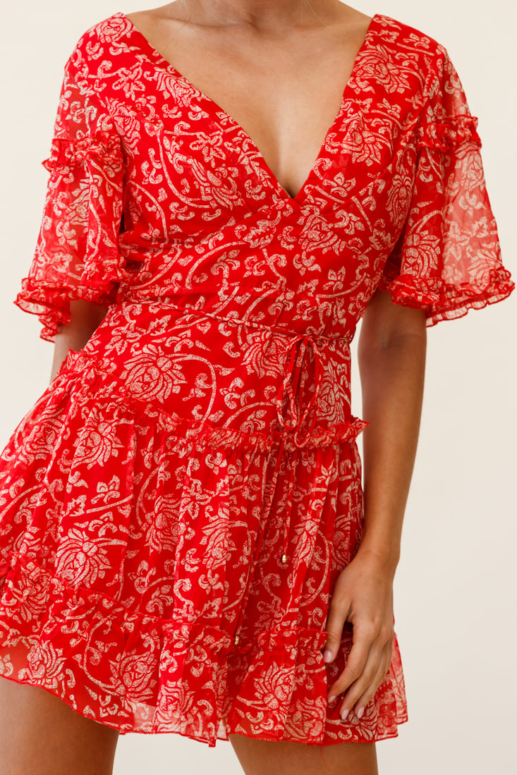 Psalm Angel Sleeve Frill Dress Floral Stencil Print Red by Selfie Leslie