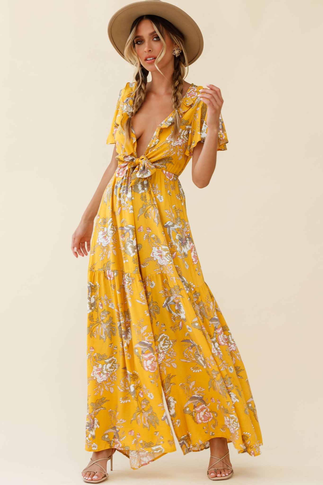 Shop the Kasey Tied Bust Wide Leg Floral Print Jumpsuit Mustard