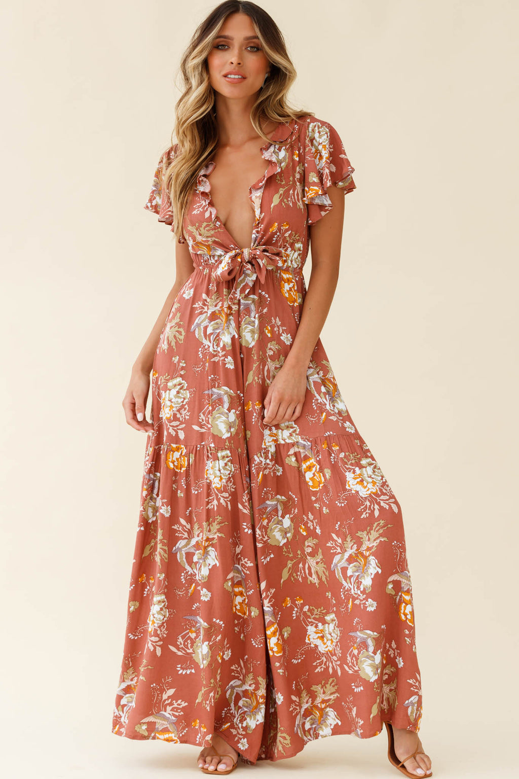 Kasey Tied Bust Wide Leg Floral Print Jumpsuit Rose by Selfie Leslie