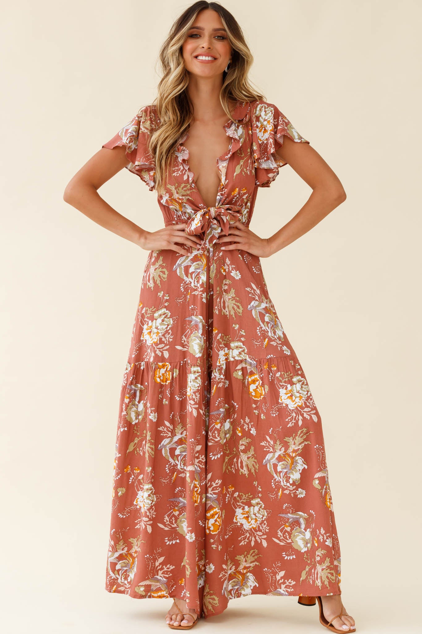 Shop the Kasey Tied Bust Wide Leg Floral Print Jumpsuit Rose