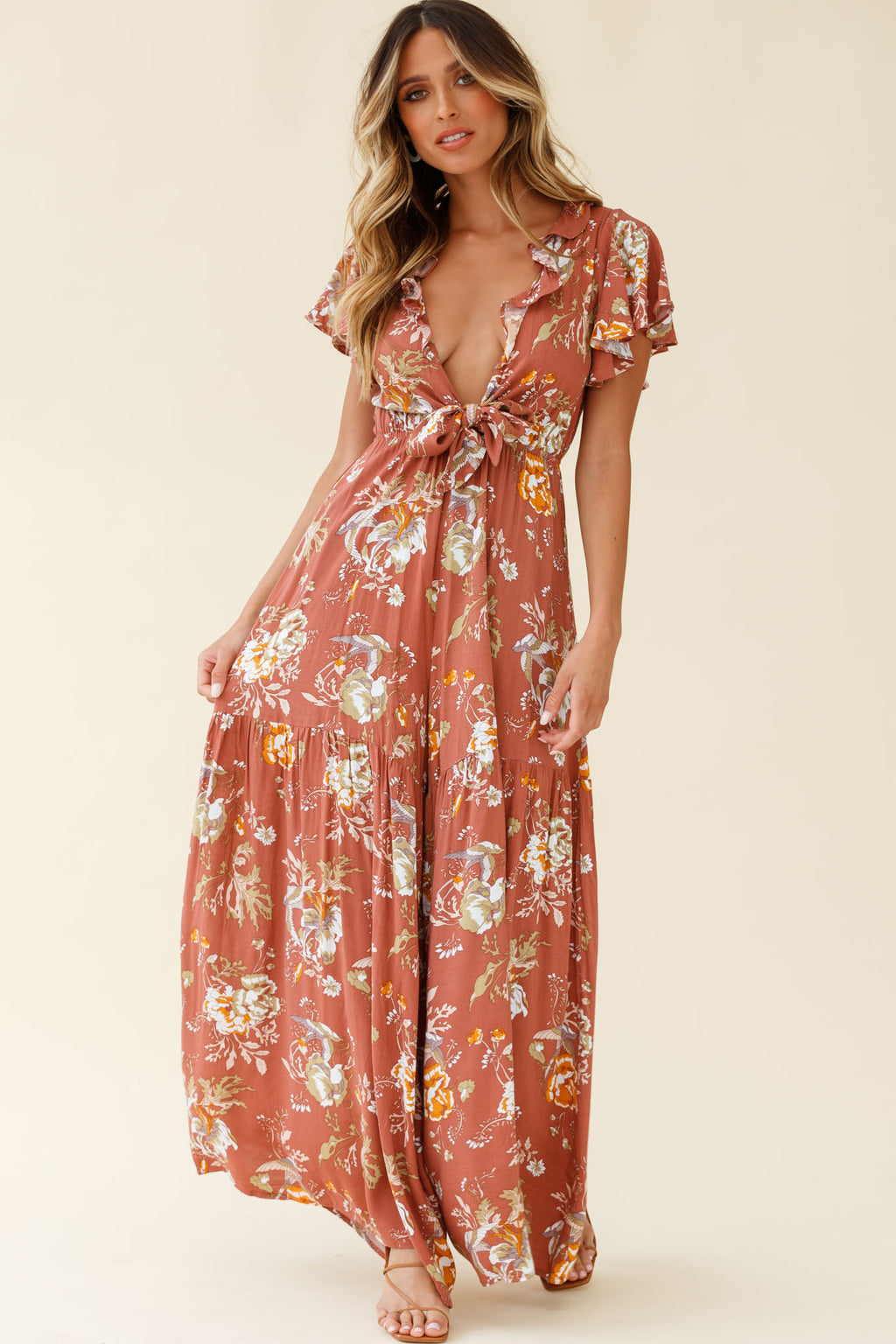 Kasey Tied Bust Wide Leg Floral Print Jumpsuit Rose by Selfie Leslie