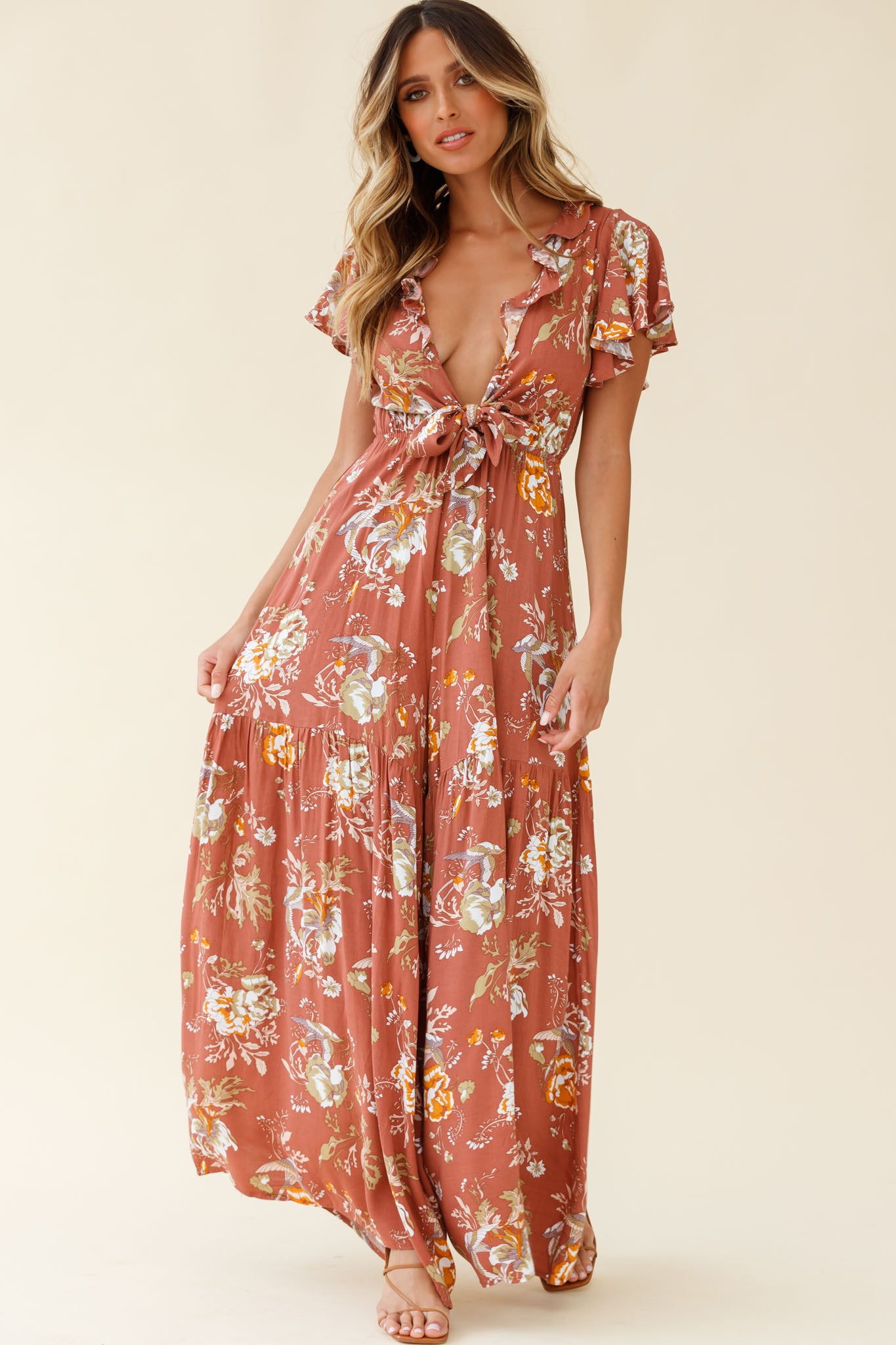 Kasey Tied Bust Wide Leg Floral Print Jumpsuit Rose by Selfie Leslie