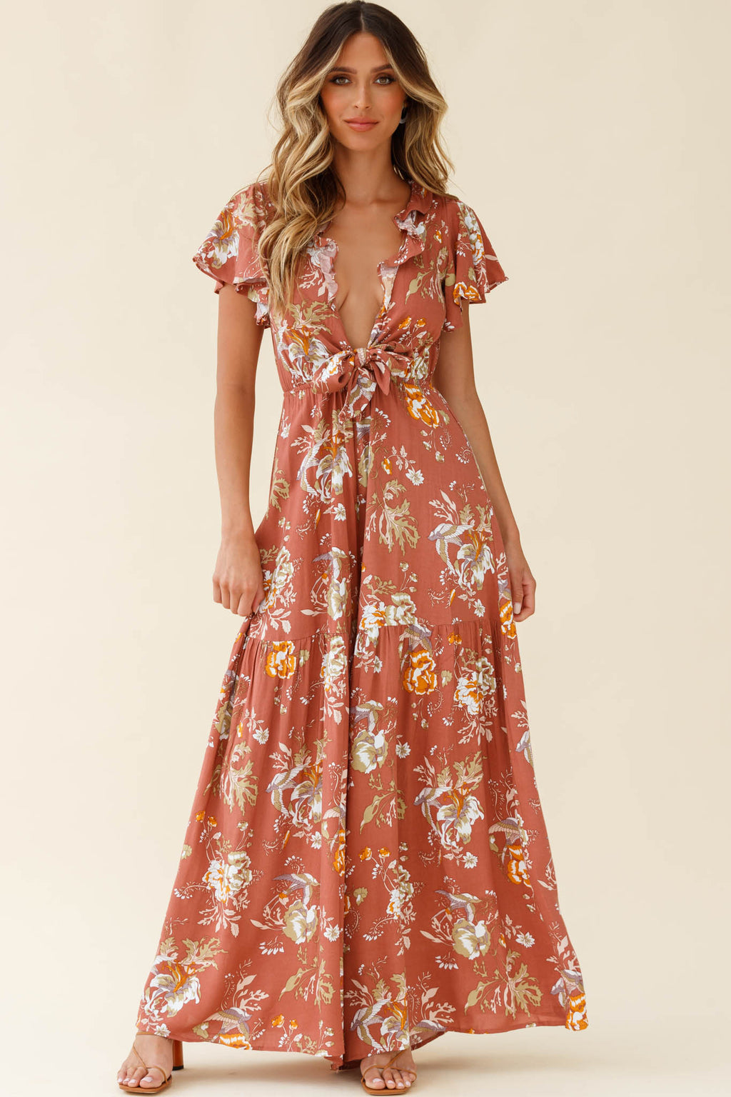Kasey Tied Bust Wide Leg Floral Print Jumpsuit Rose by Selfie Leslie