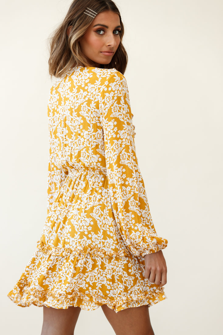 Sunny Daze Long Sleeve Tie-Knot Bust Dress Floral Print Mustard by Selfie Leslie