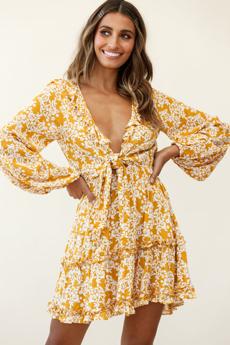 Sunny Daze Long Sleeve Tie-Knot Bust Dress Floral Print Mustard by Selfie Leslie