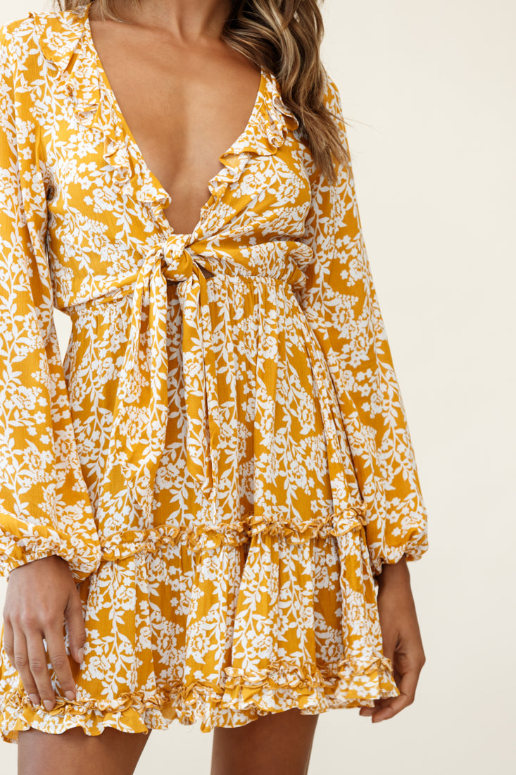 Sunny Daze Long Sleeve Tie-Knot Bust Dress Floral Print Mustard by Selfie Leslie