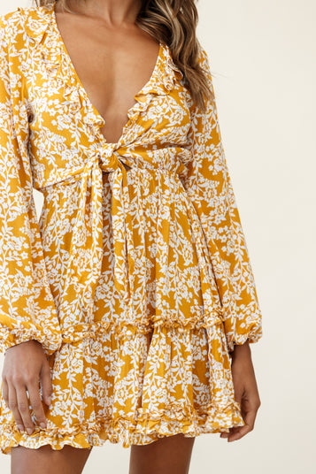 Sunny Daze Long Sleeve Tie-Knot Bust Dress Floral Print Olive