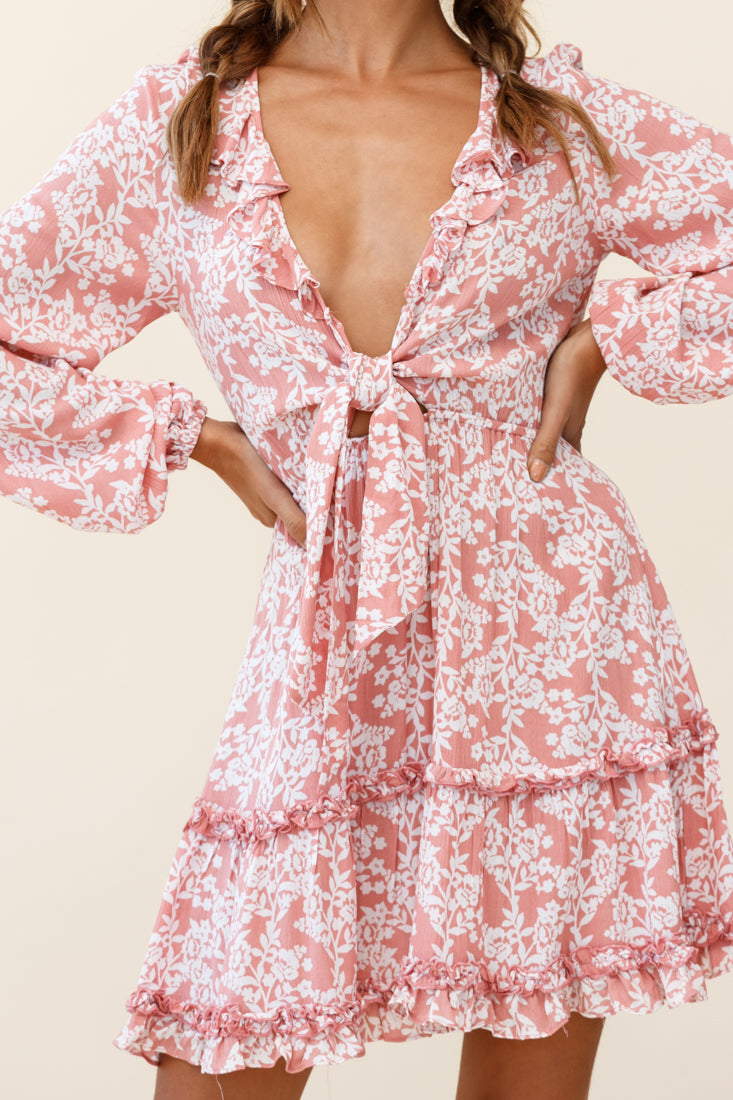 Sunny Daze Long Sleeve Tie-Knot Bust Dress Floral Print Pink by Selfie Leslie