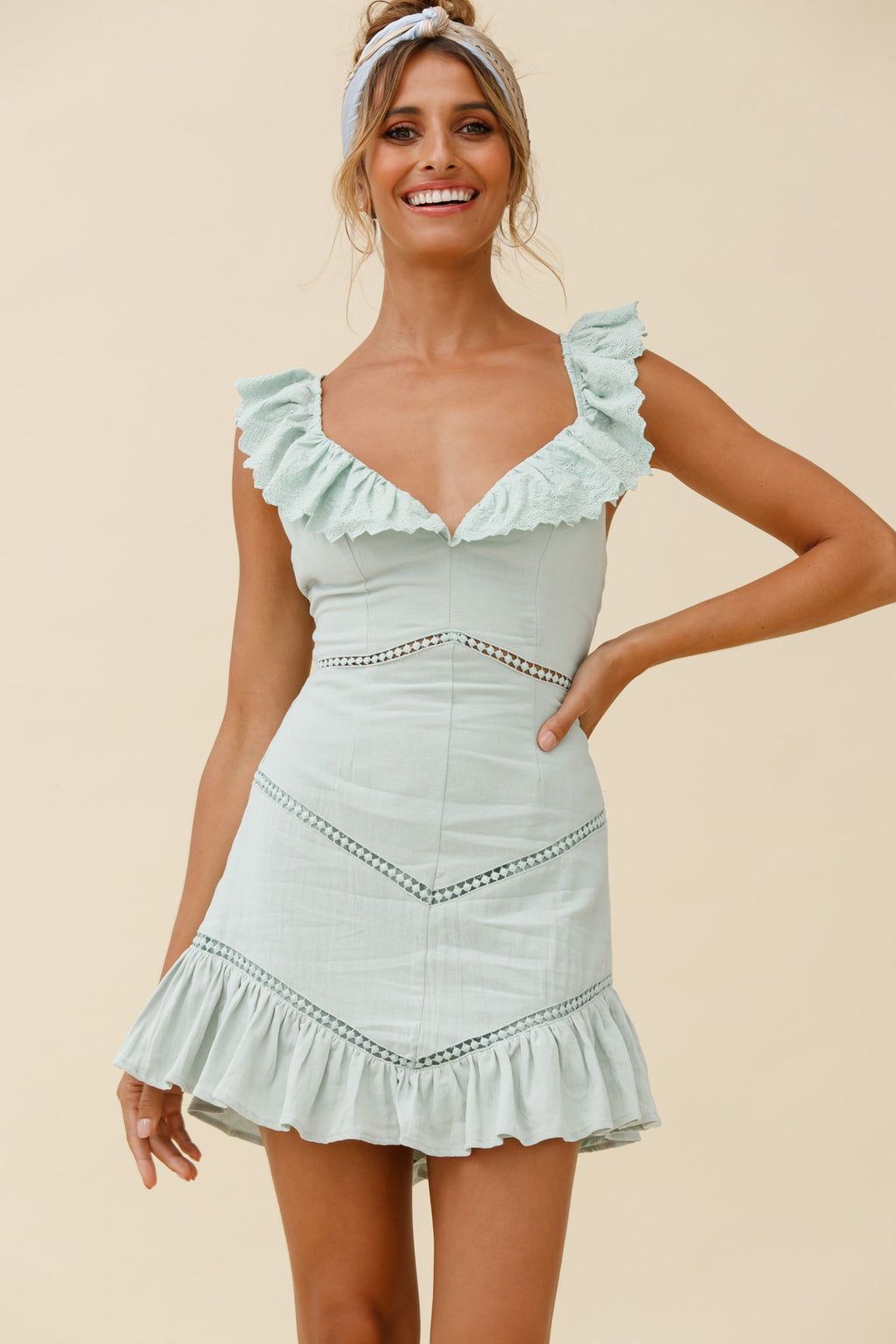 Katerina Frill Trim Tied Back Dress Pistachio by Selfie Leslie