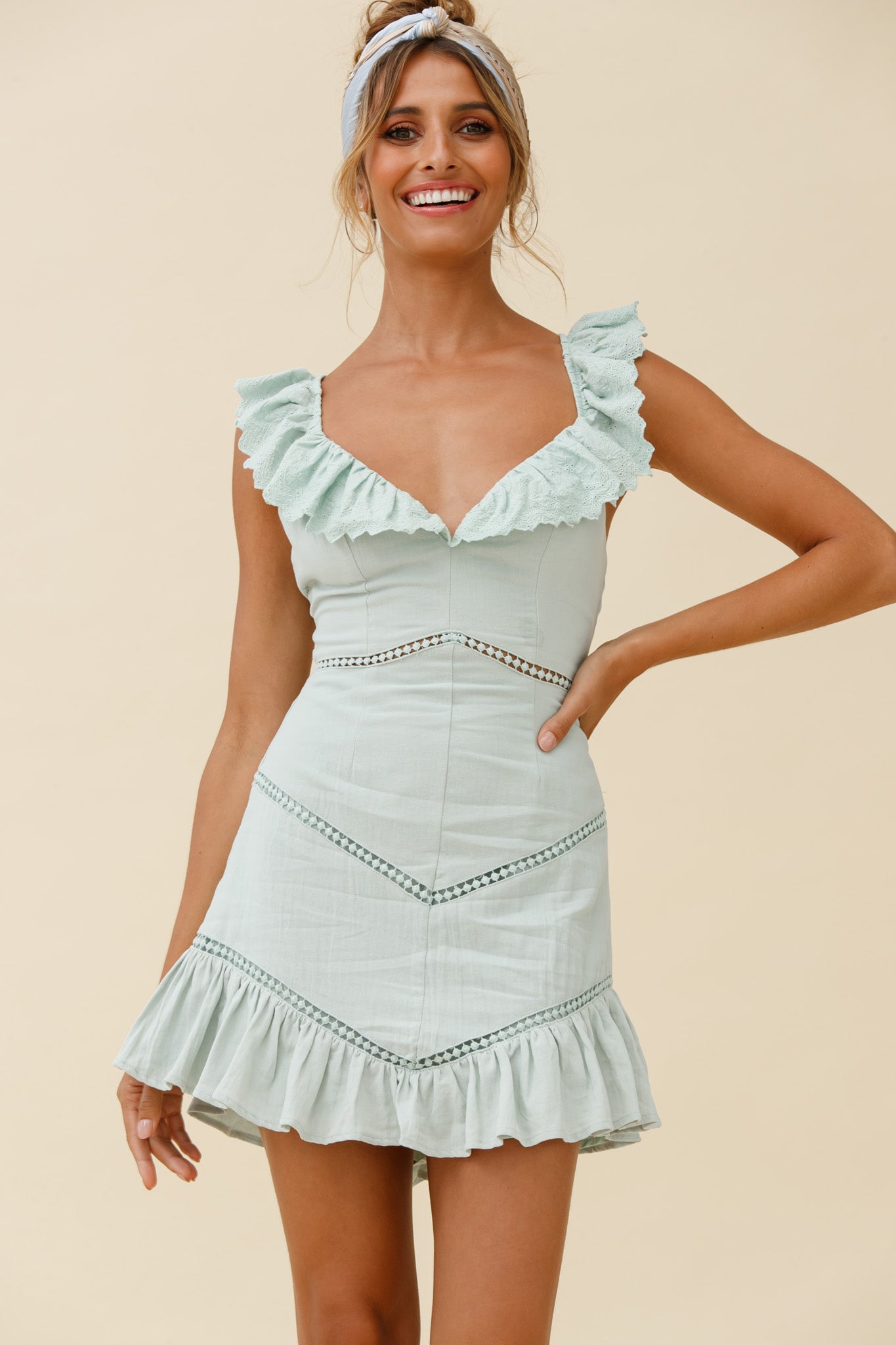Katerina Frill Trim Tied Back Dress Pistachio by Selfie Leslie