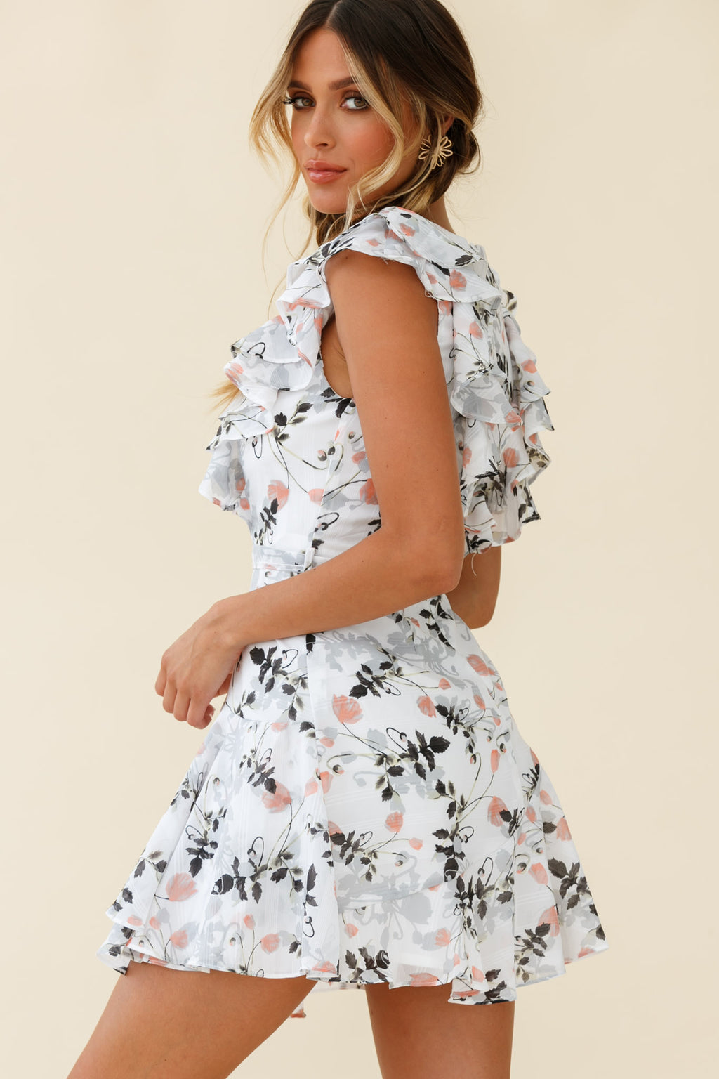 Wilton Ruffle Shoulder A-Line Dress Floral Print White by Selfie Leslie