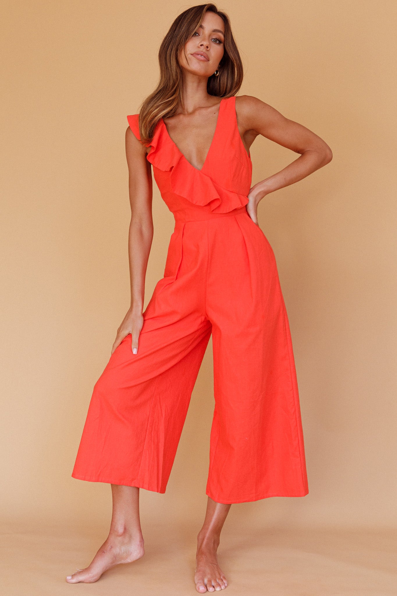Cheryl Ruffle Strap Wide Leg Jumpsuit Tangerine by Selfie Leslie
