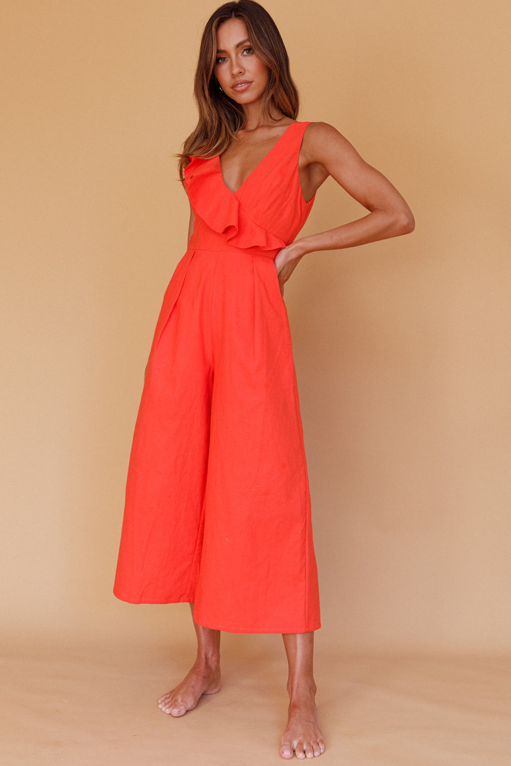 Cheryl Ruffle Strap Wide Leg Jumpsuit Tangerine by Selfie Leslie