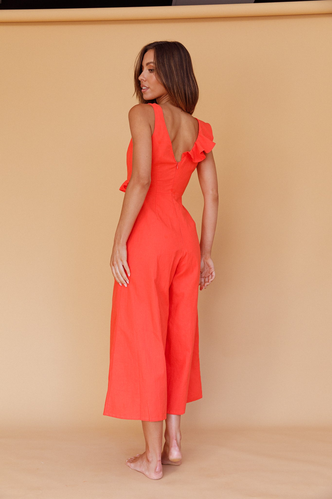 Cheryl Ruffle Strap Wide Leg Jumpsuit Tangerine by Selfie Leslie