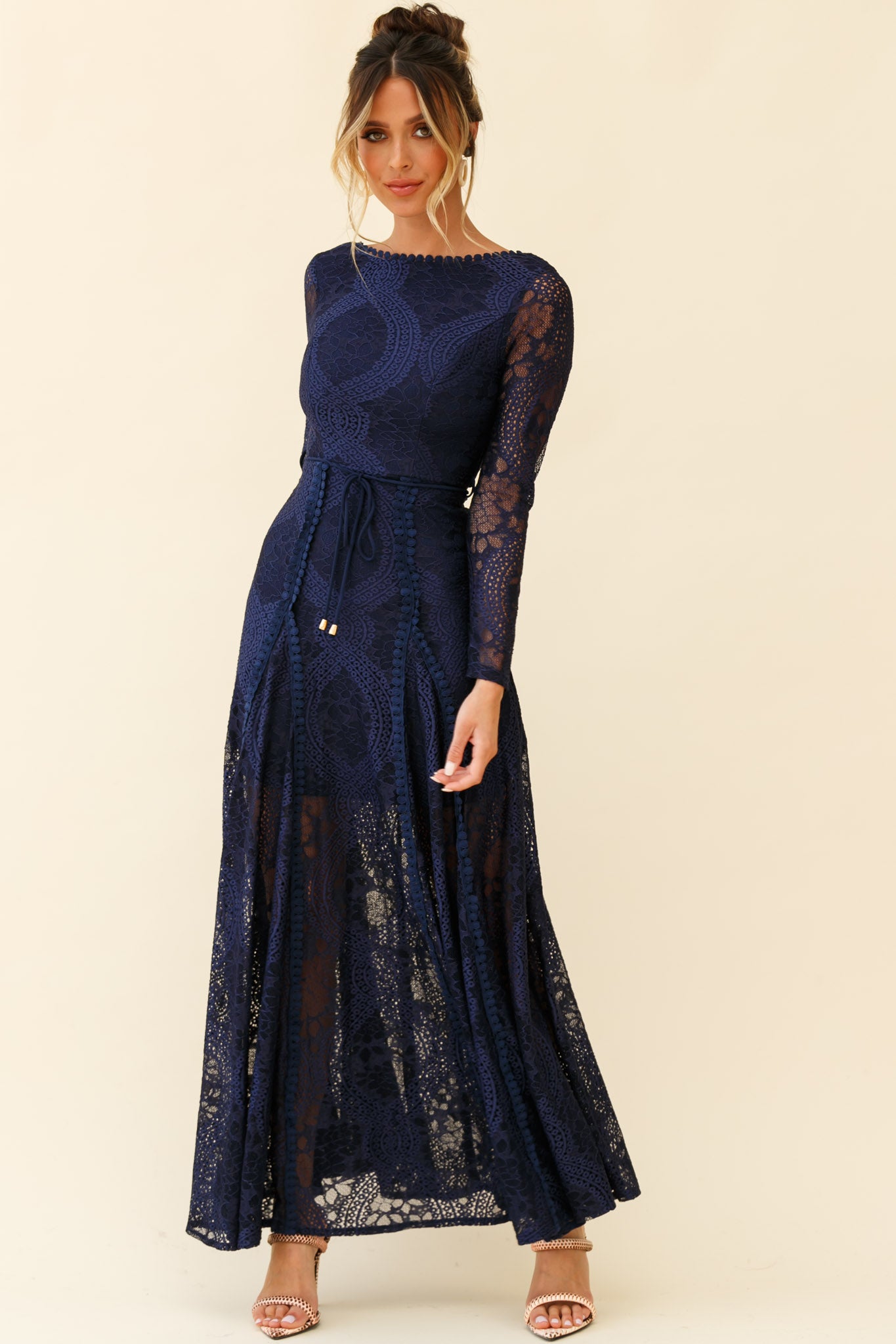 Palm Springs Long Sleeve Lace Overlay Maxi Dress Navy by Selfie Leslie