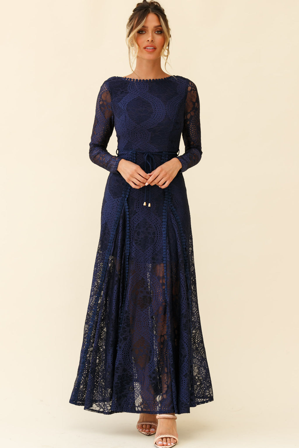 Palm Springs Long Sleeve Lace Overlay Maxi Dress Navy by Selfie Leslie